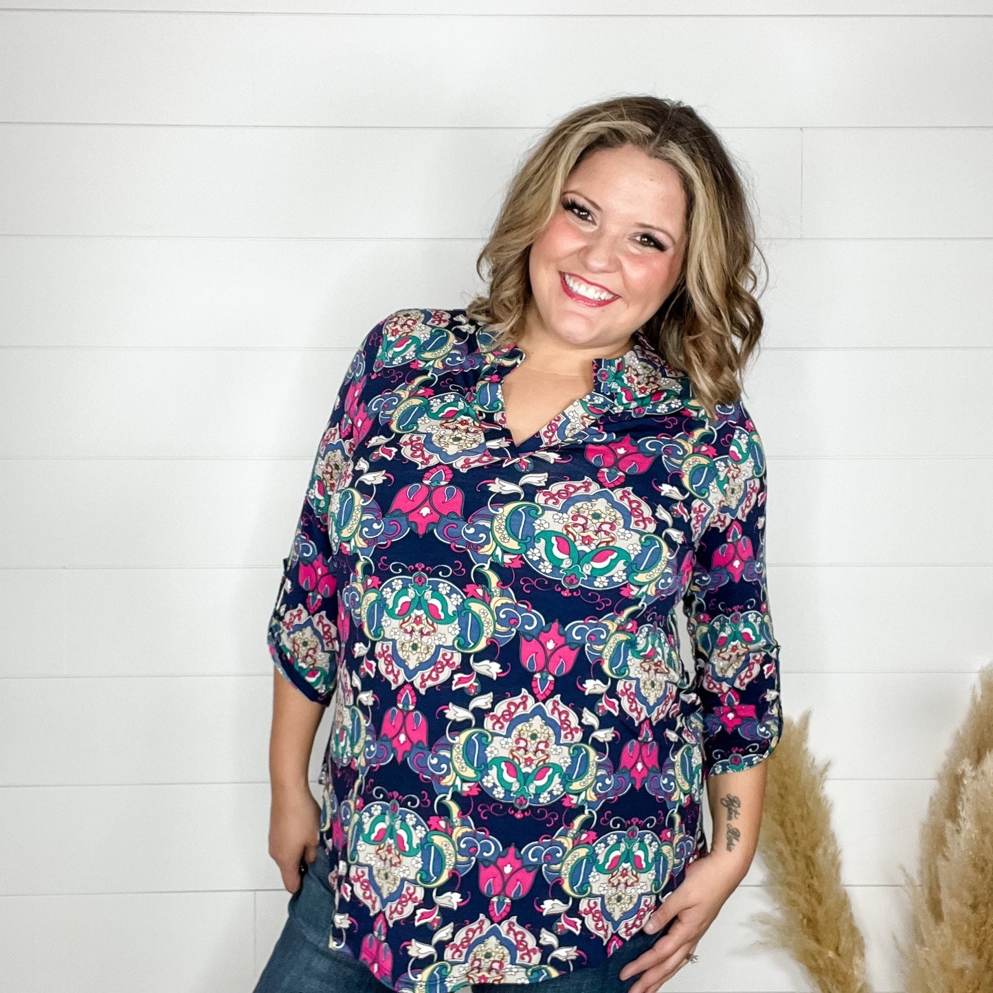 "Sutter" Paisley Lizzy 3/4 Sleeve Split Neck