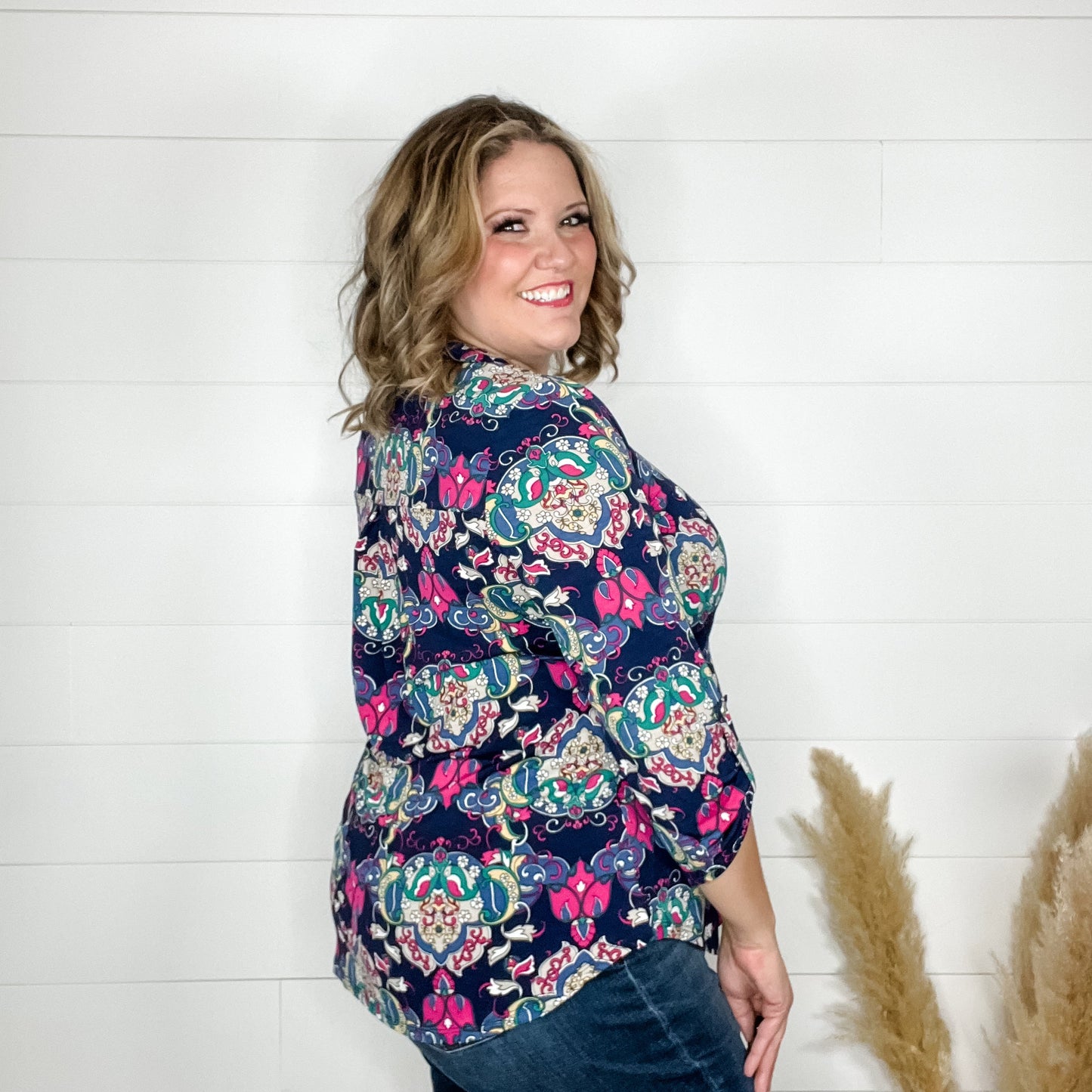 "Sutter" Paisley Lizzy 3/4 Sleeve Split Neck