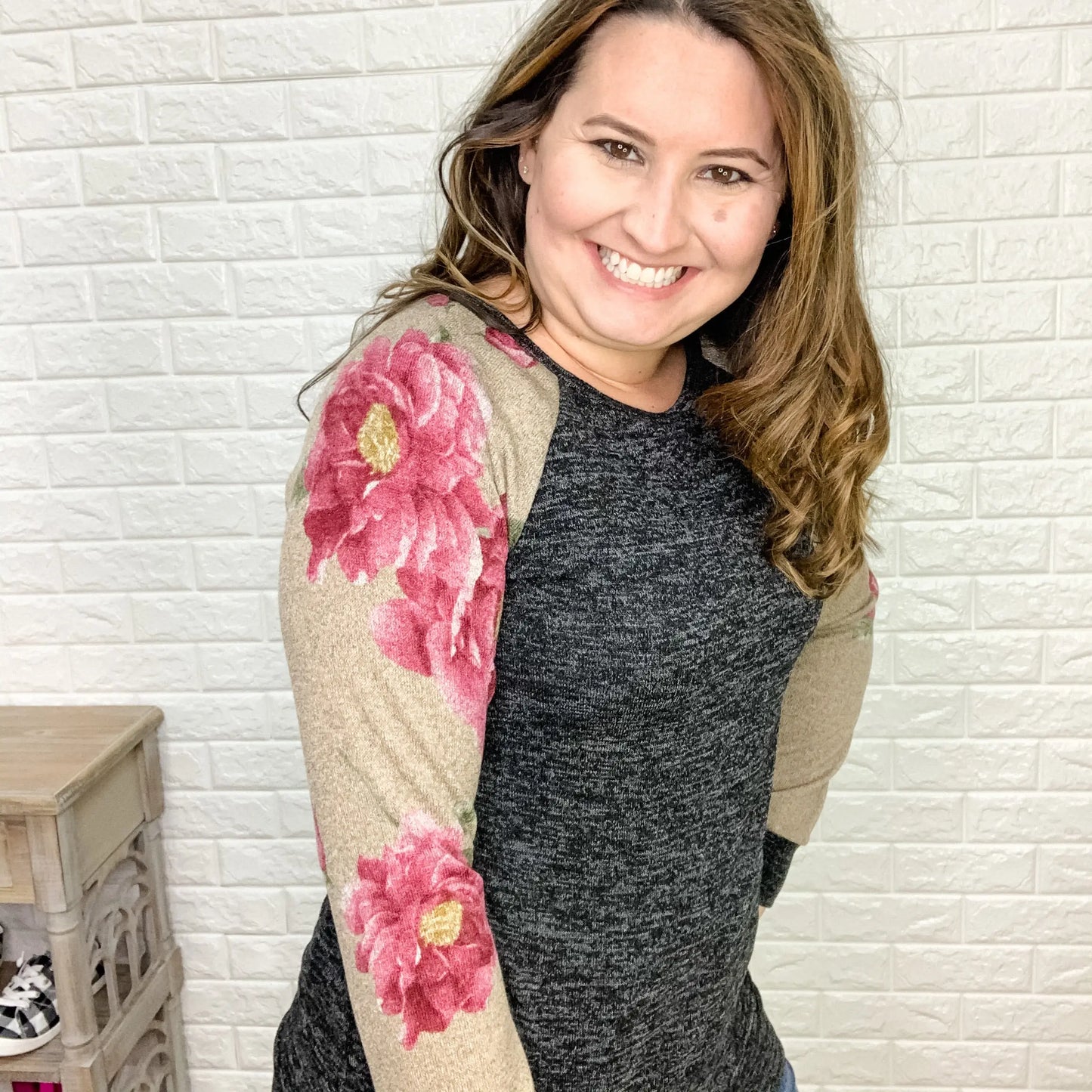 "Sweet Magnolia " Long Floral Sleeve Solid Body Top