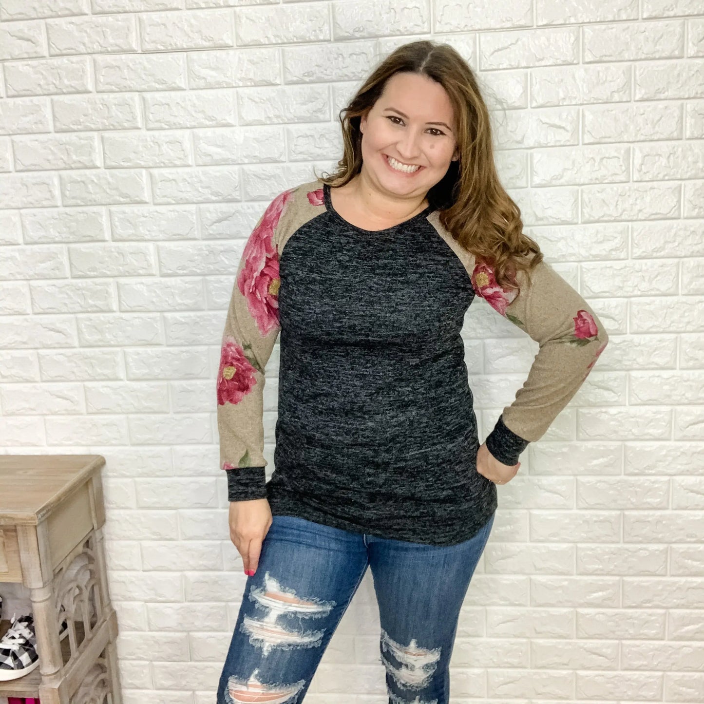 "Sweet Magnolia " Long Floral Sleeve Solid Body Top
