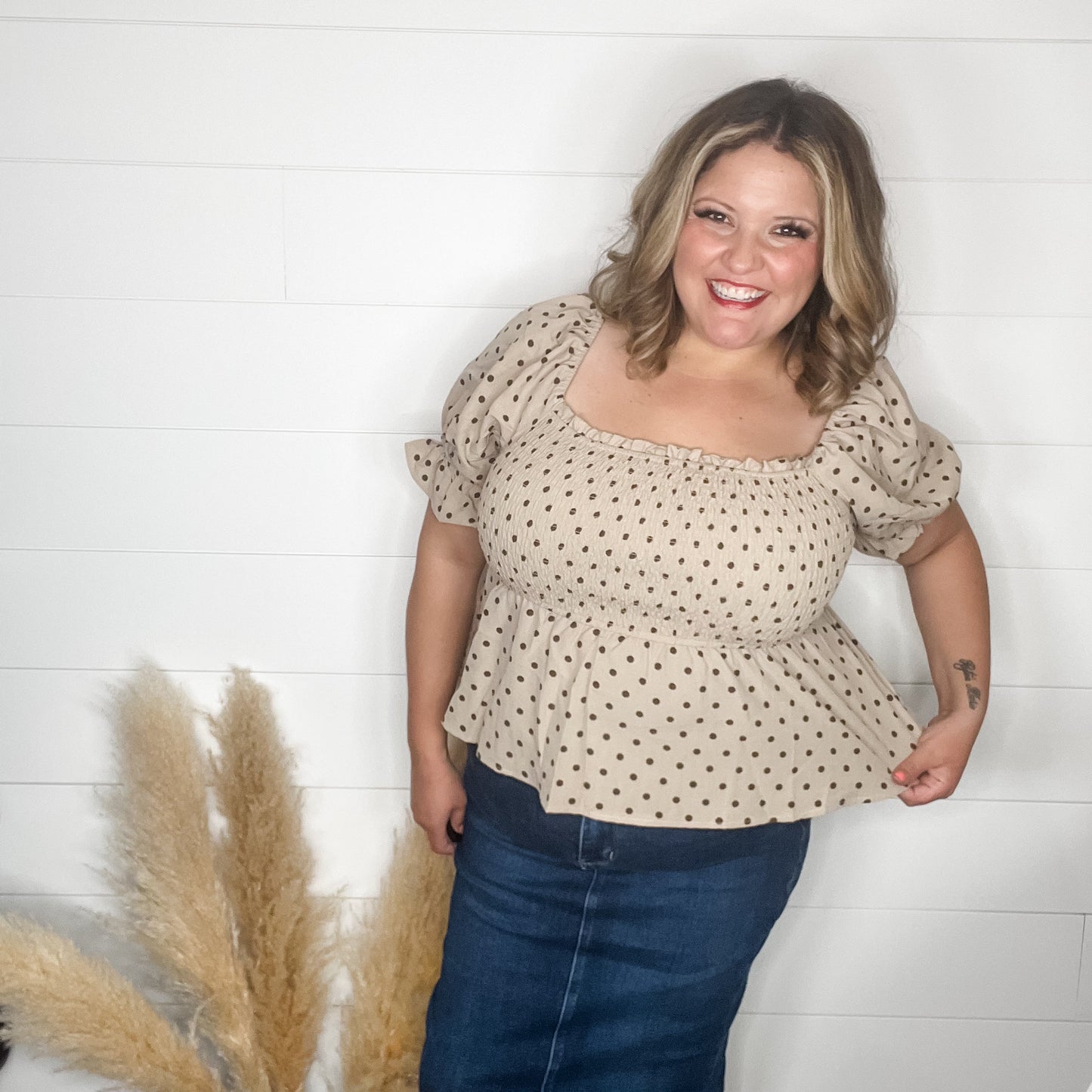 "Sweetie" Polka Dot Smocked Peplum Crop Top