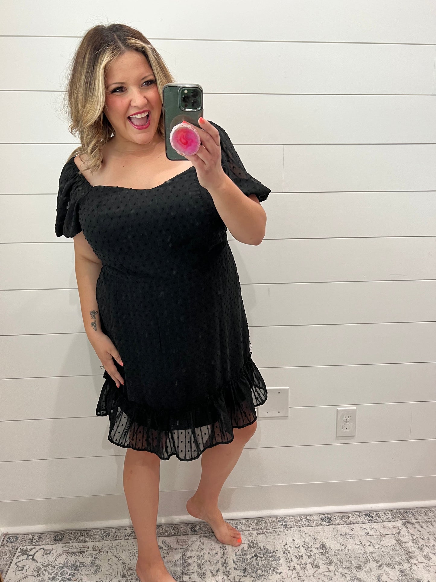 Swiss Dot Bubble Sleeve Dress (Black)