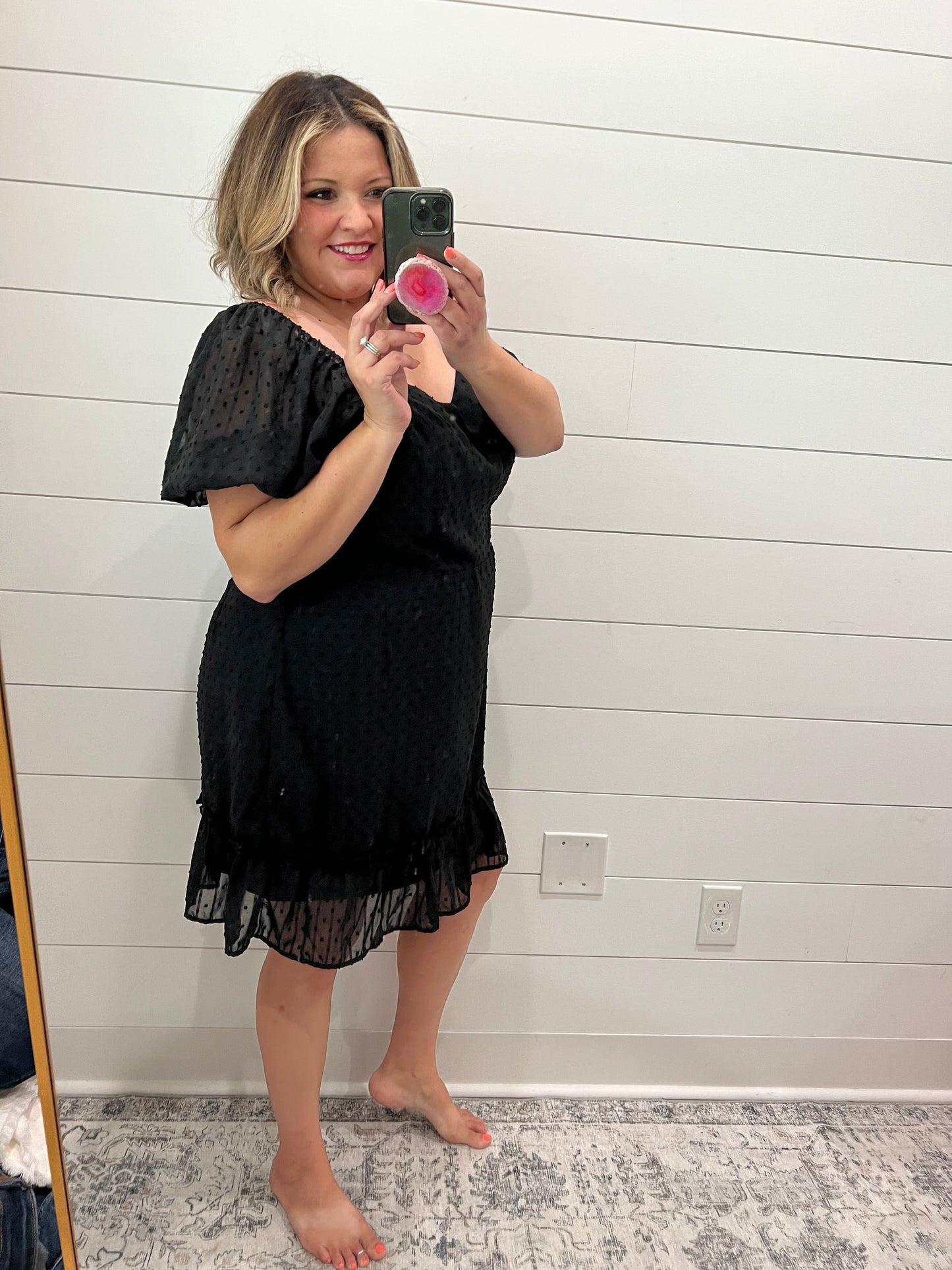 Swiss Dot Bubble Sleeve Dress (Black)
