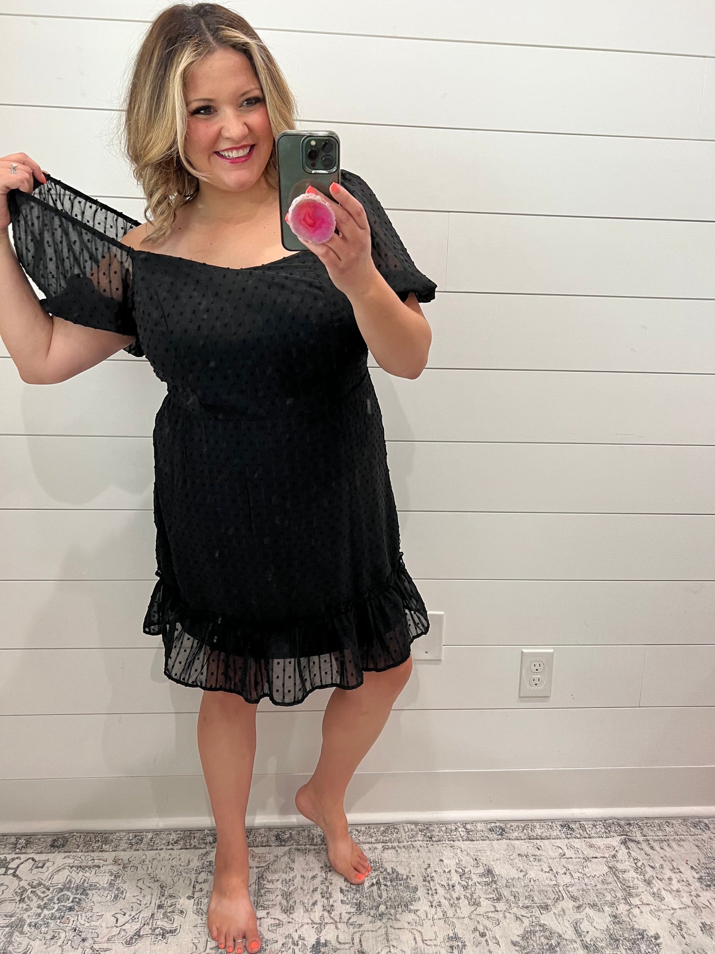 Swiss Dot Bubble Sleeve Dress (Black)