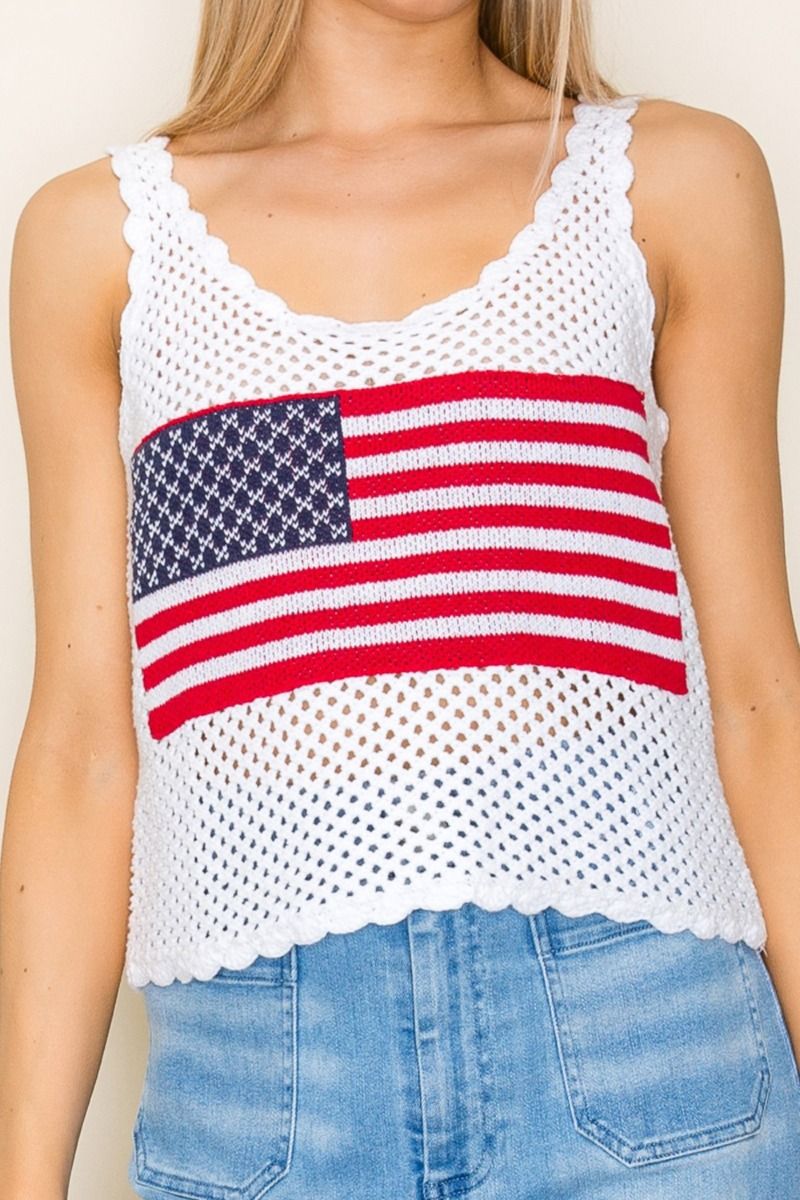 "Banner" Cropped Crochet Flag Tank (White)