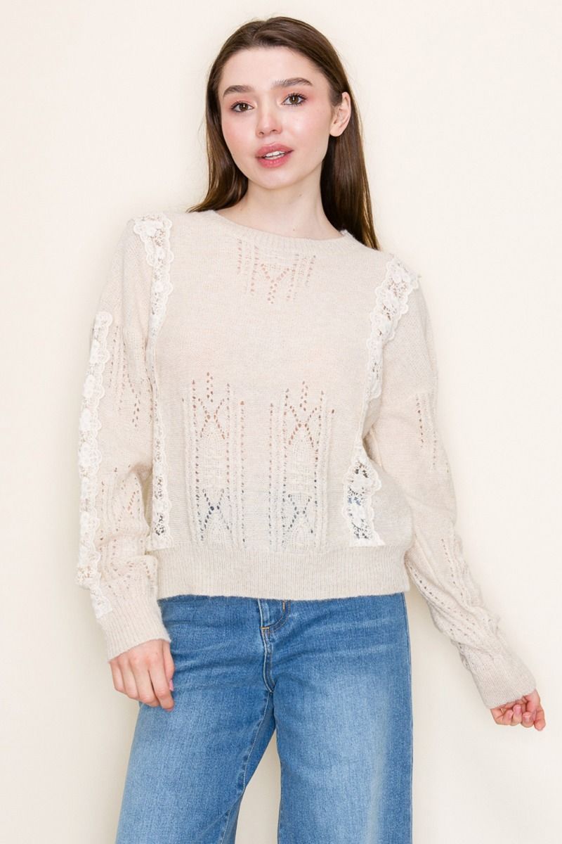 "Zealous" Long Sleeve Sweater with Lace Detail
