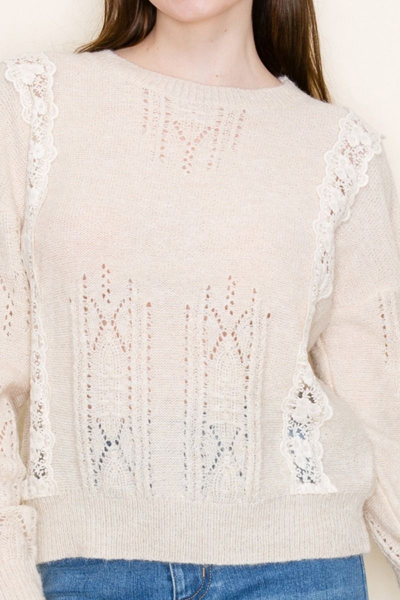 "Zealous" Long Sleeve Sweater with Lace Detail