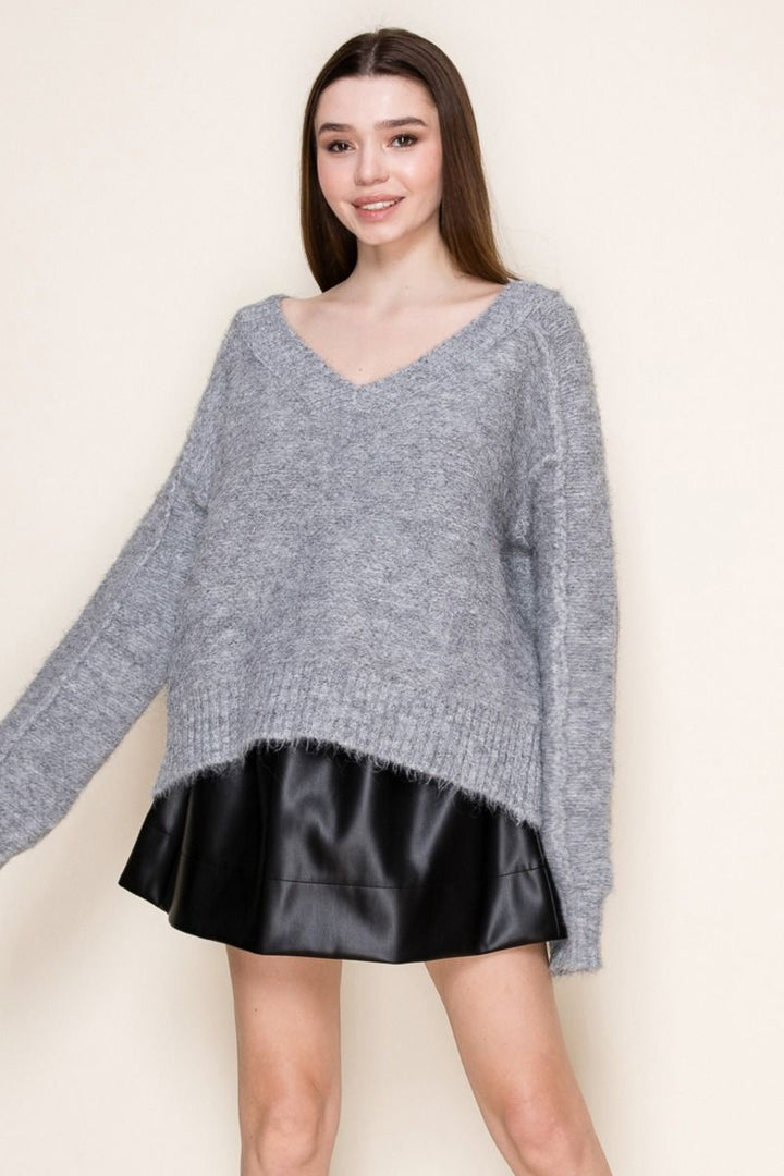 "Gravel" Oversized Wide V Neck Sweater