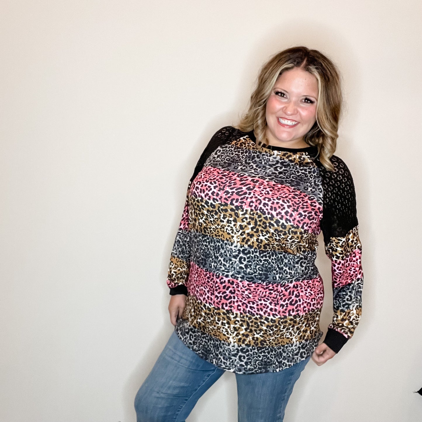 "Take It On" Animal Print Long Sleeve with Lace Shoulder Detail