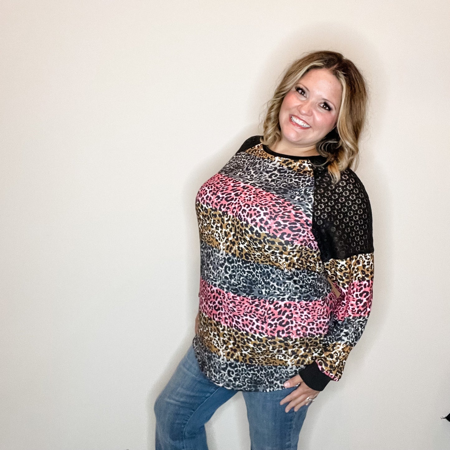 "Take It On" Animal Print Long Sleeve with Lace Shoulder Detail