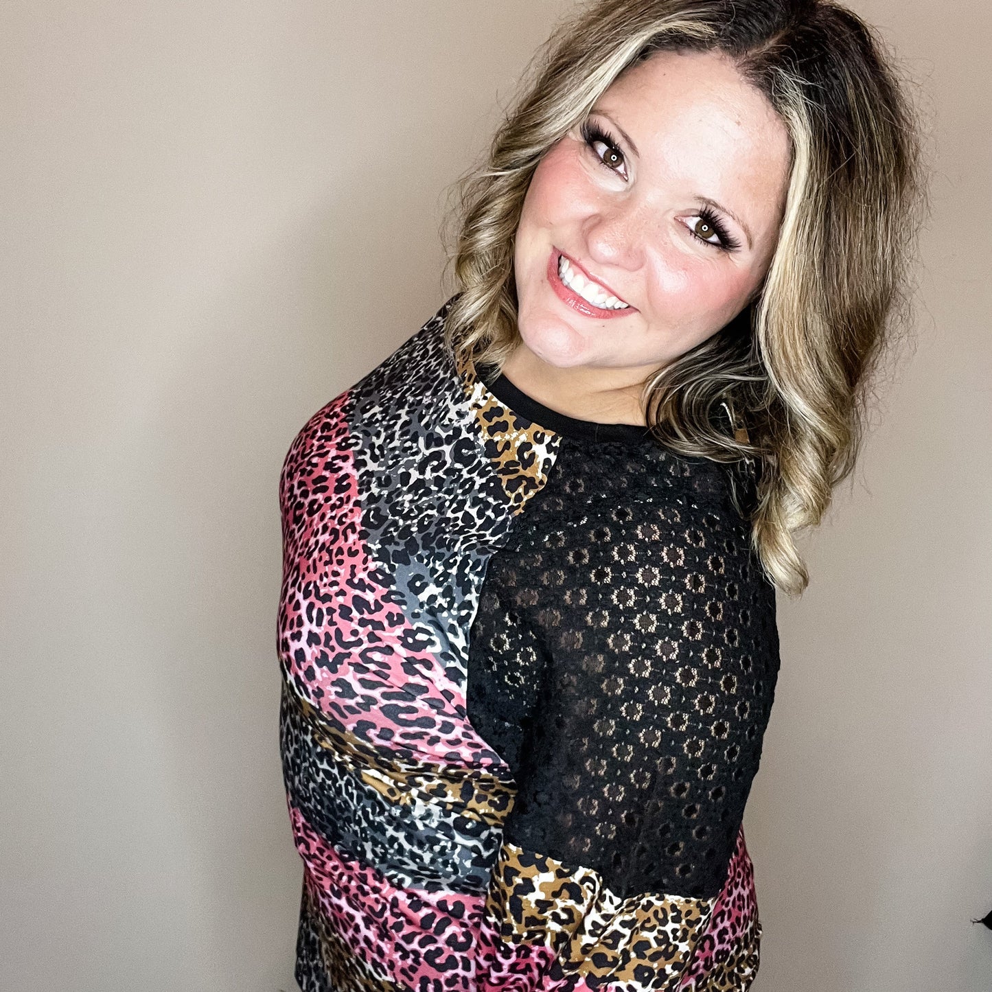 "Take It On" Animal Print Long Sleeve with Lace Shoulder Detail