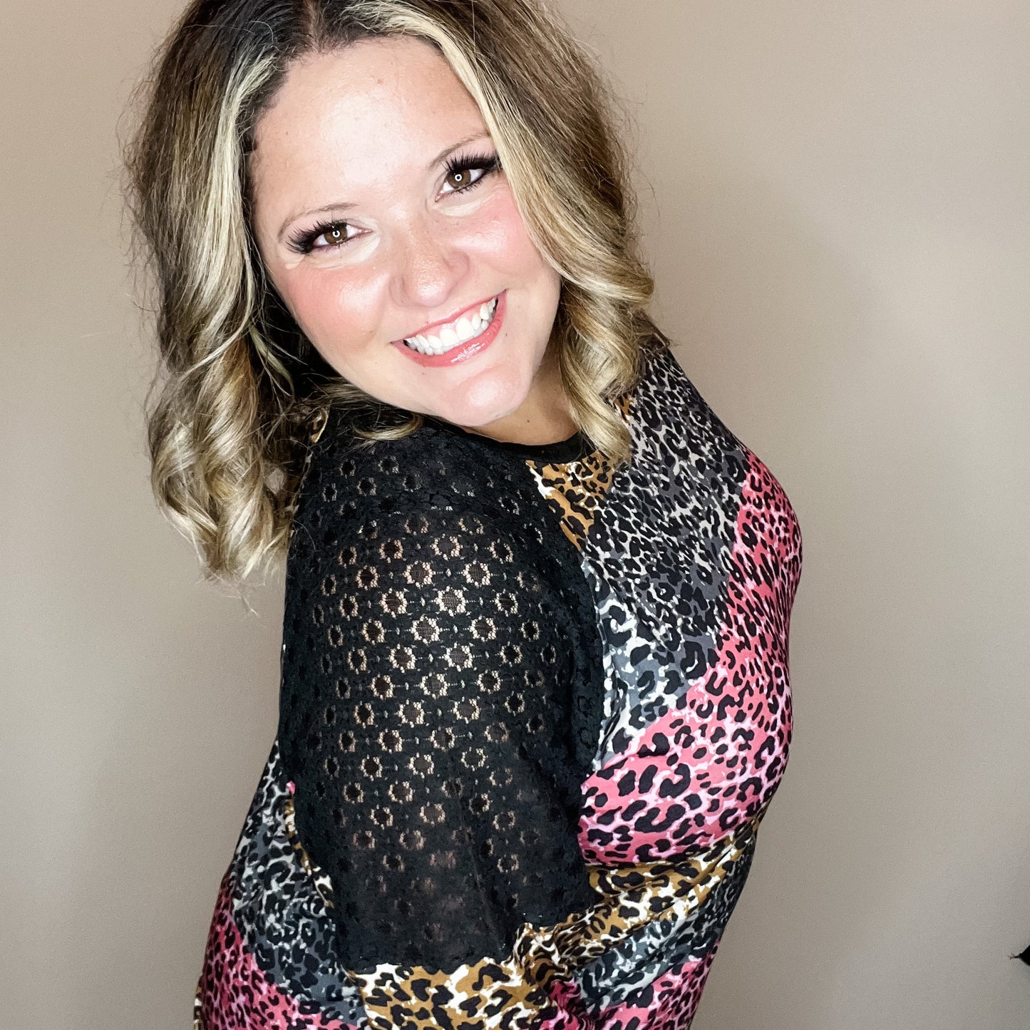 "Take It On" Animal Print Long Sleeve with Lace Shoulder Detail