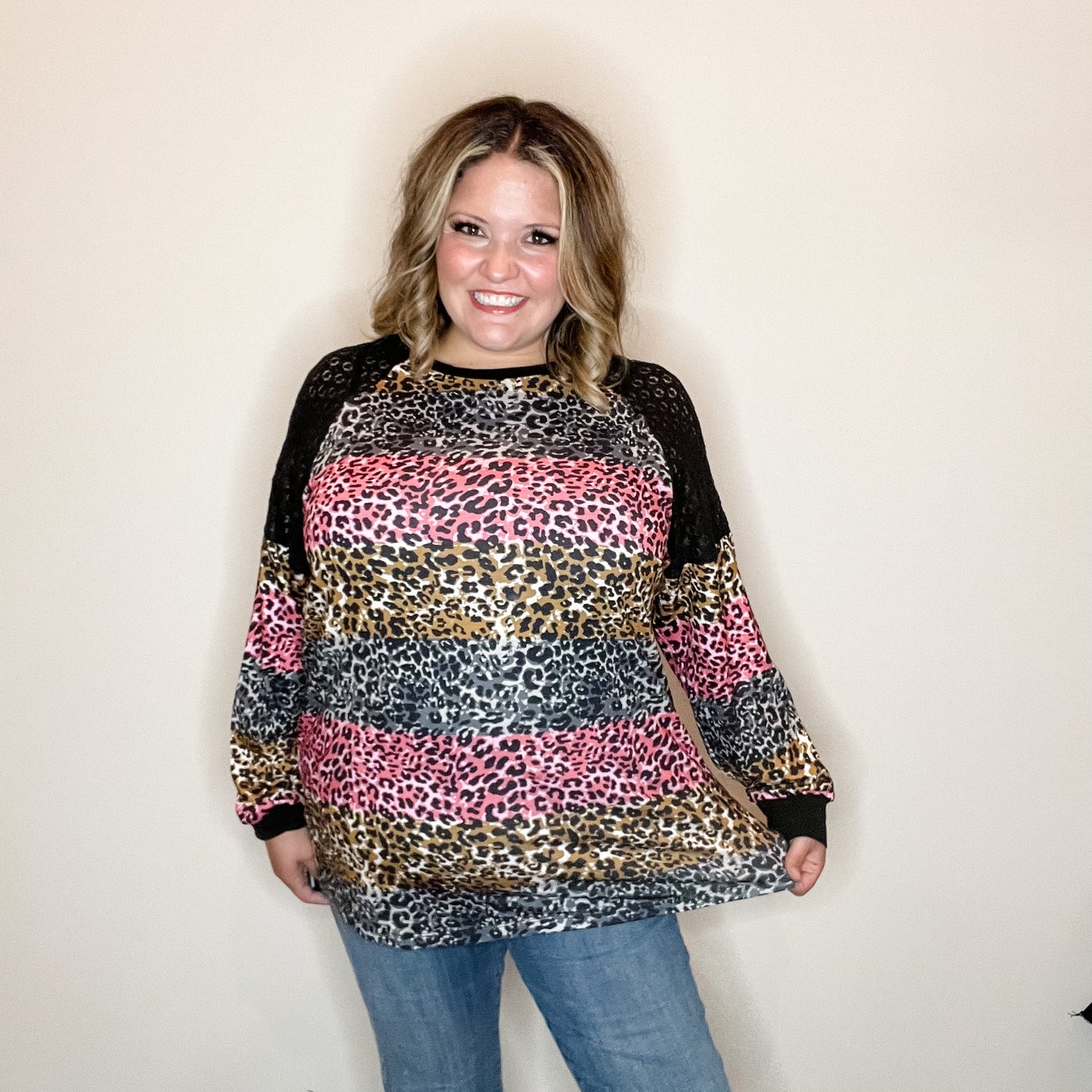 "Take It On" Animal Print Long Sleeve with Lace Shoulder Detail