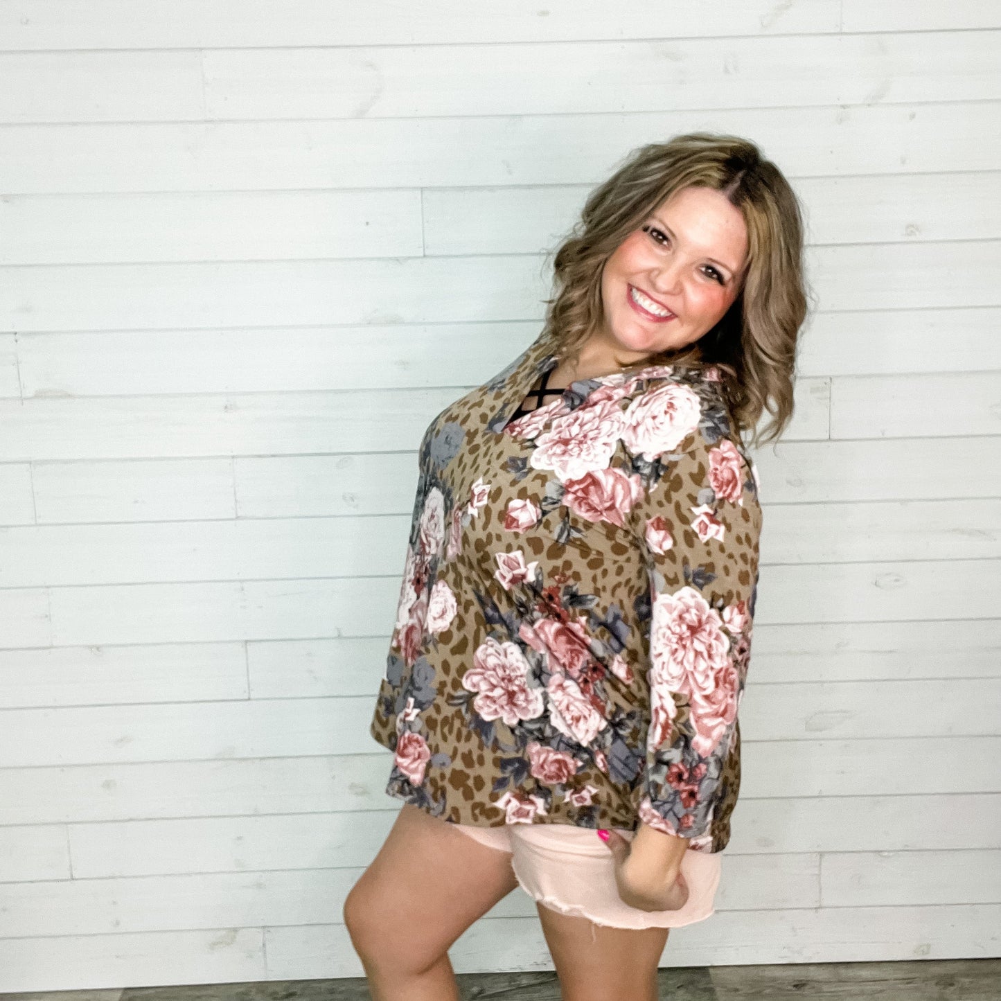 "Thats The Way"Animal Print and Floral 3/4 Sleeve Split Neck