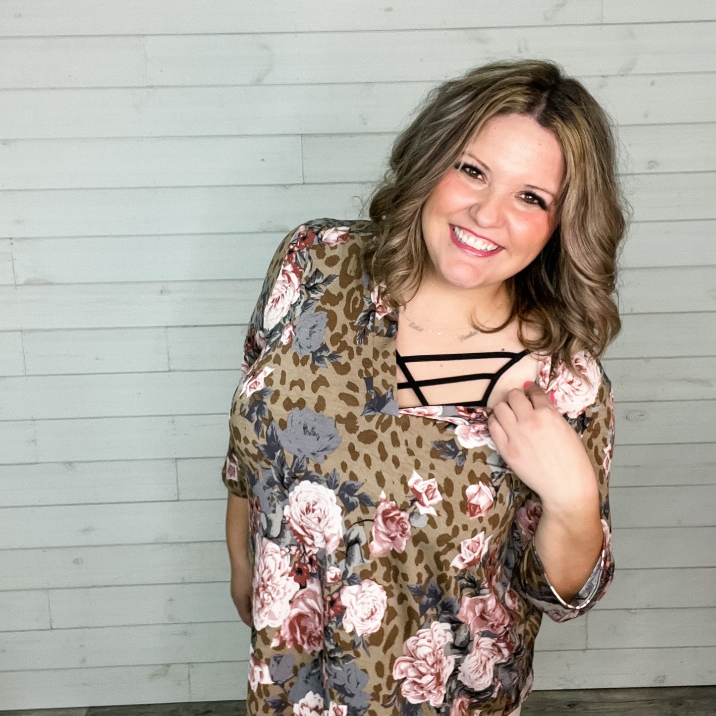 "Thats The Way"Animal Print and Floral 3/4 Sleeve Split Neck