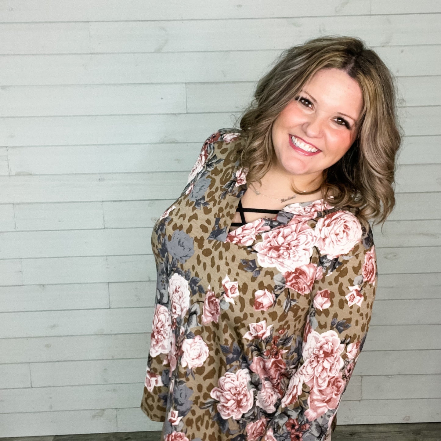 "Thats The Way"Animal Print and Floral 3/4 Sleeve Split Neck