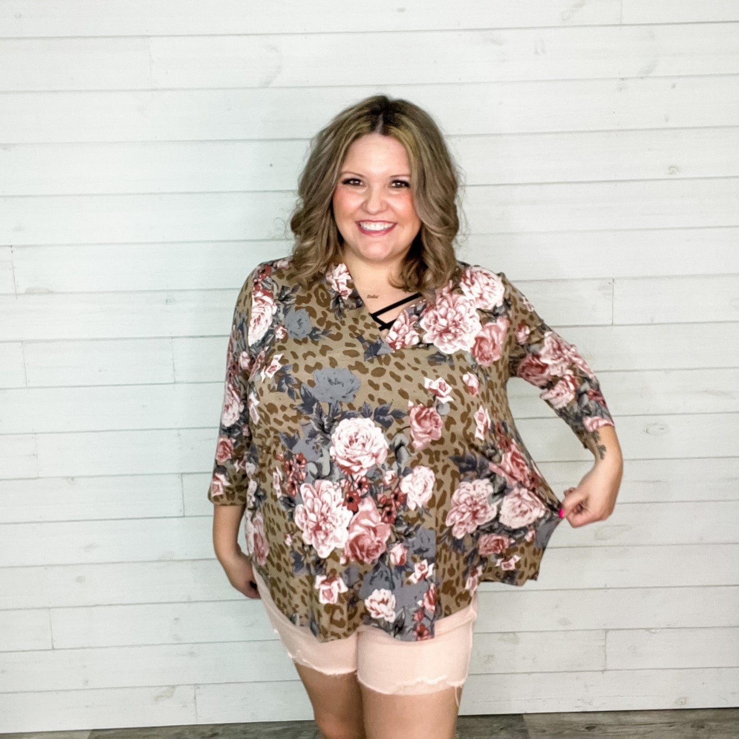 "Thats The Way"Animal Print and Floral 3/4 Sleeve Split Neck