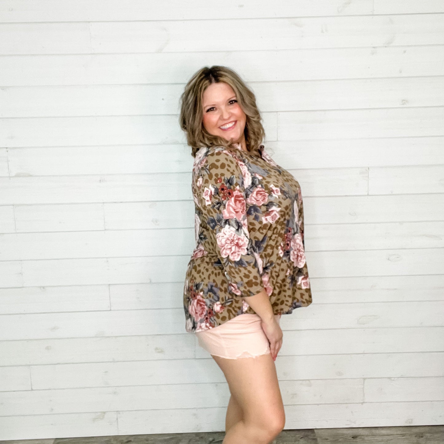 "Thats The Way"Animal Print and Floral 3/4 Sleeve Split Neck