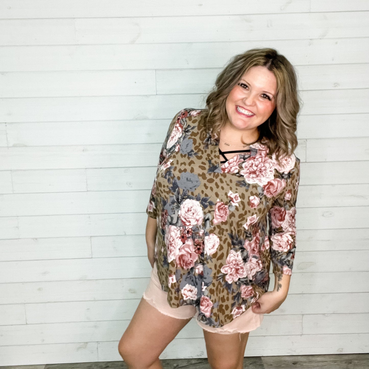 "Thats The Way"Animal Print and Floral 3/4 Sleeve Split Neck