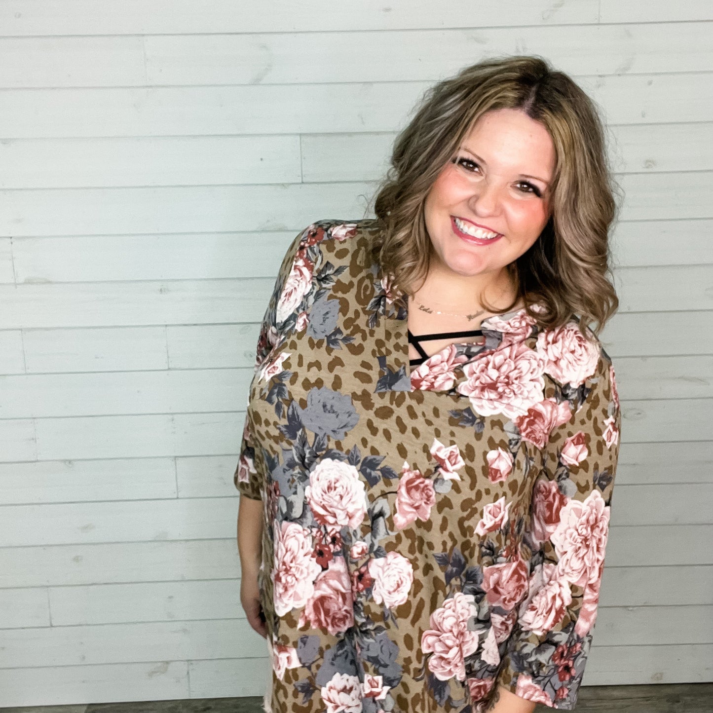 "Thats The Way"Animal Print and Floral 3/4 Sleeve Split Neck