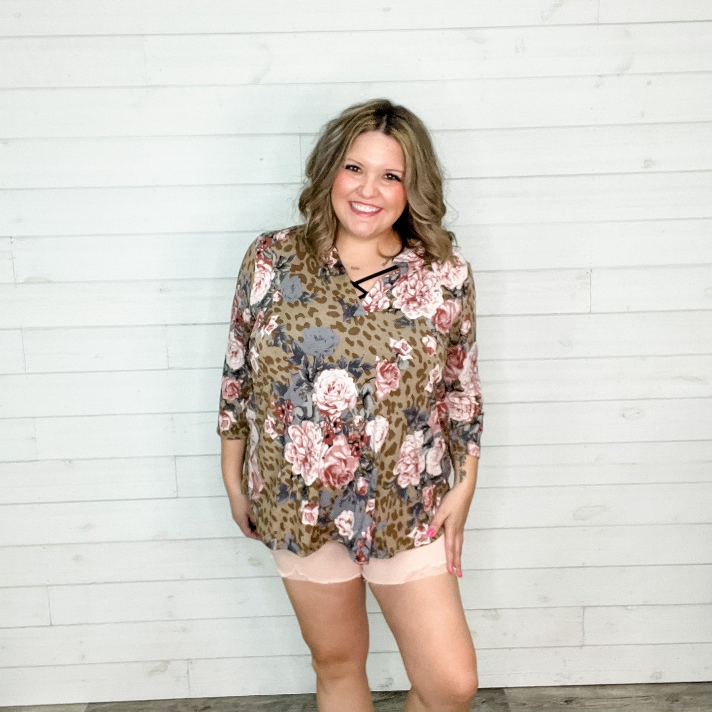 "Thats The Way"Animal Print and Floral 3/4 Sleeve Split Neck