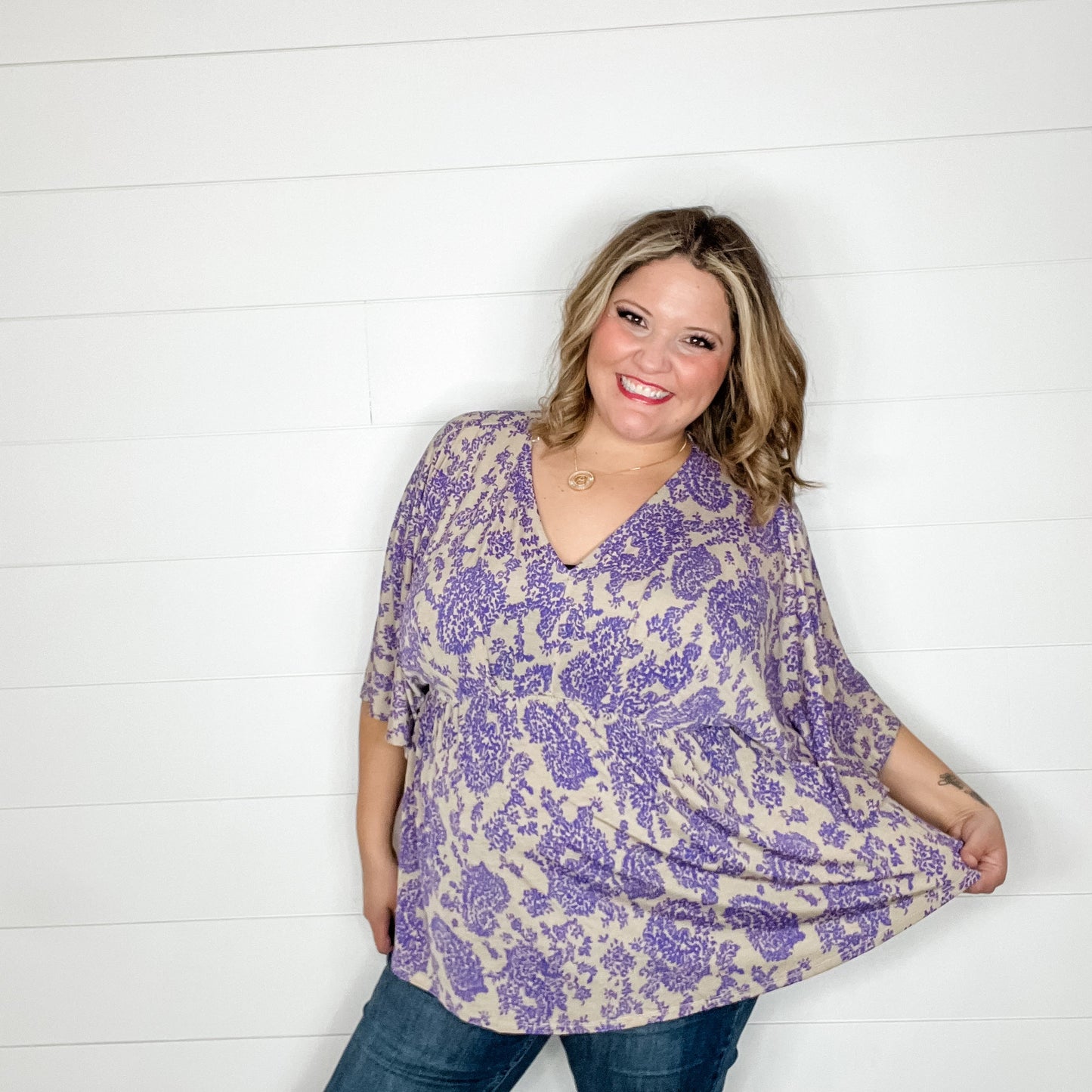 "Think Again" V Neck 3/4 Bell Sleeve