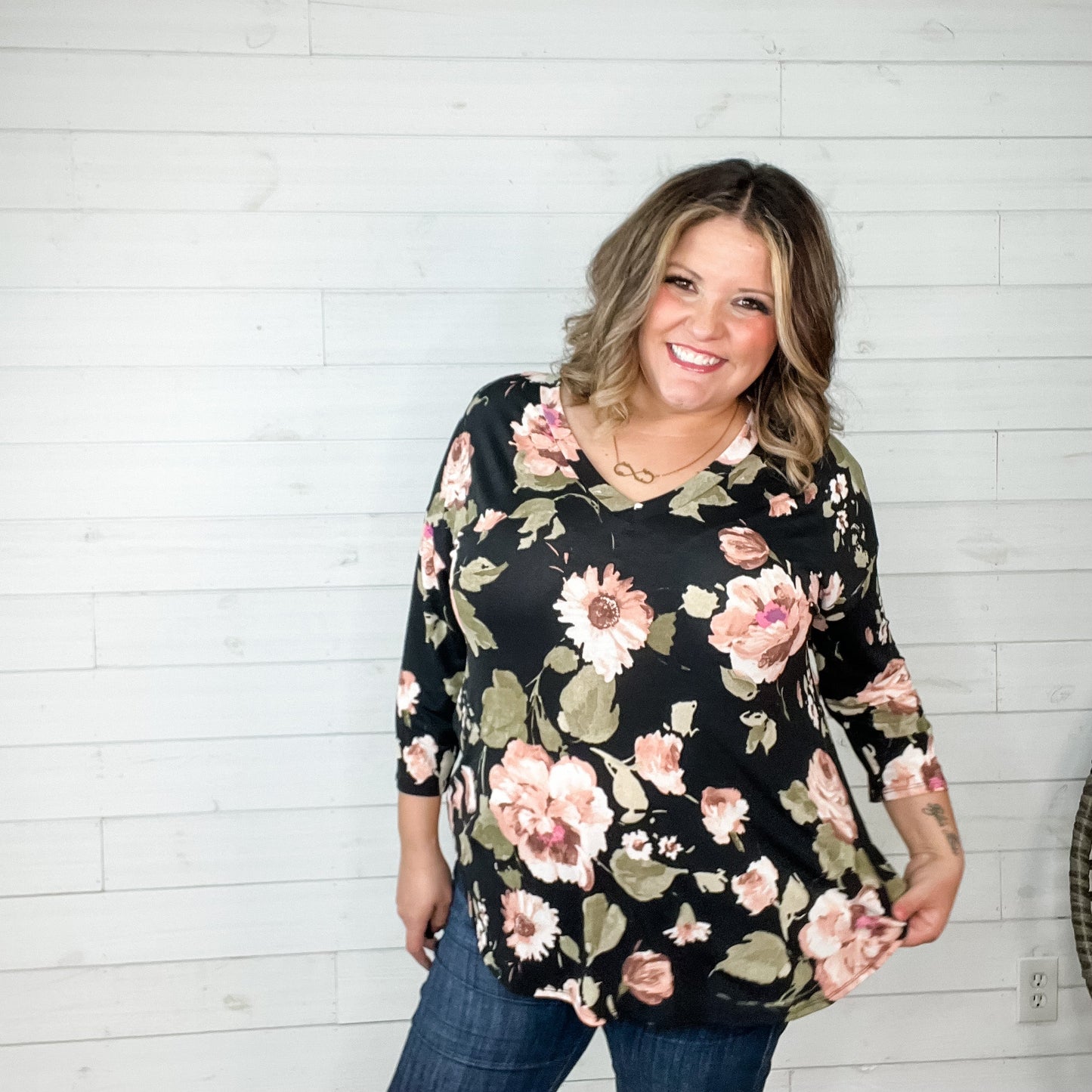 "Thinking About Me" Floral 3/4 Sleeve V Neck