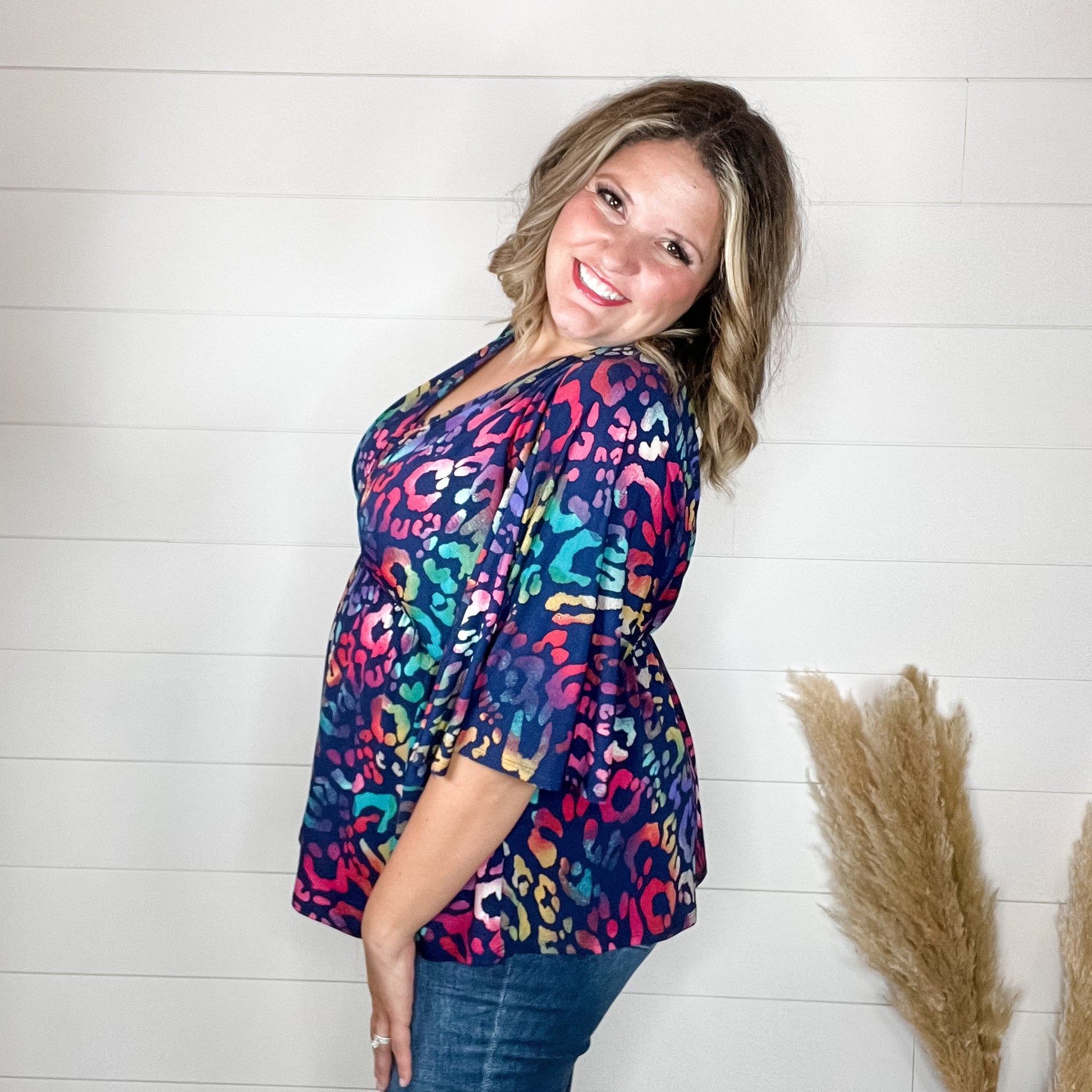 "Thompson" Animal V Neck 3/4 Bell Sleeve