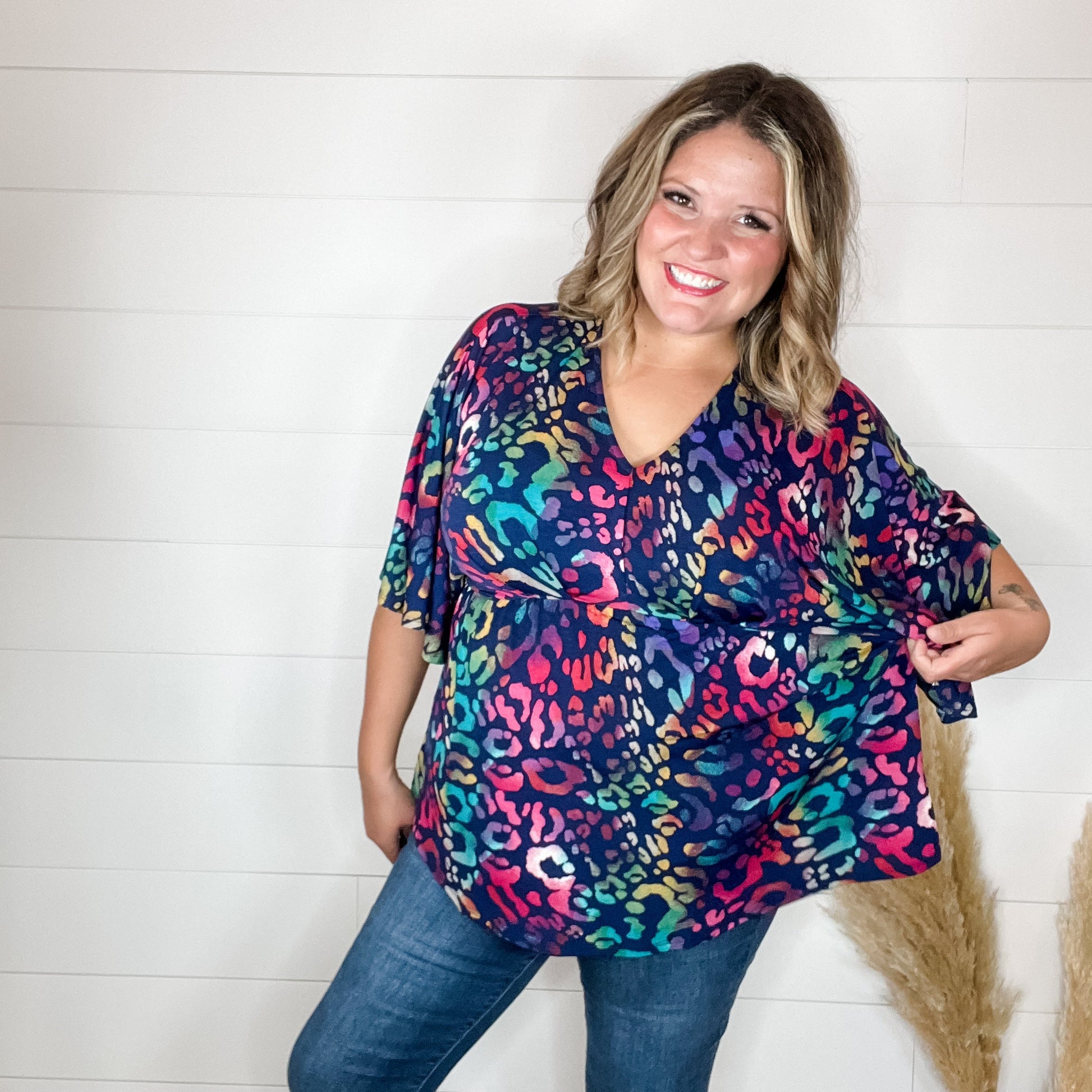 "Thompson" Animal V Neck 3/4 Bell Sleeve