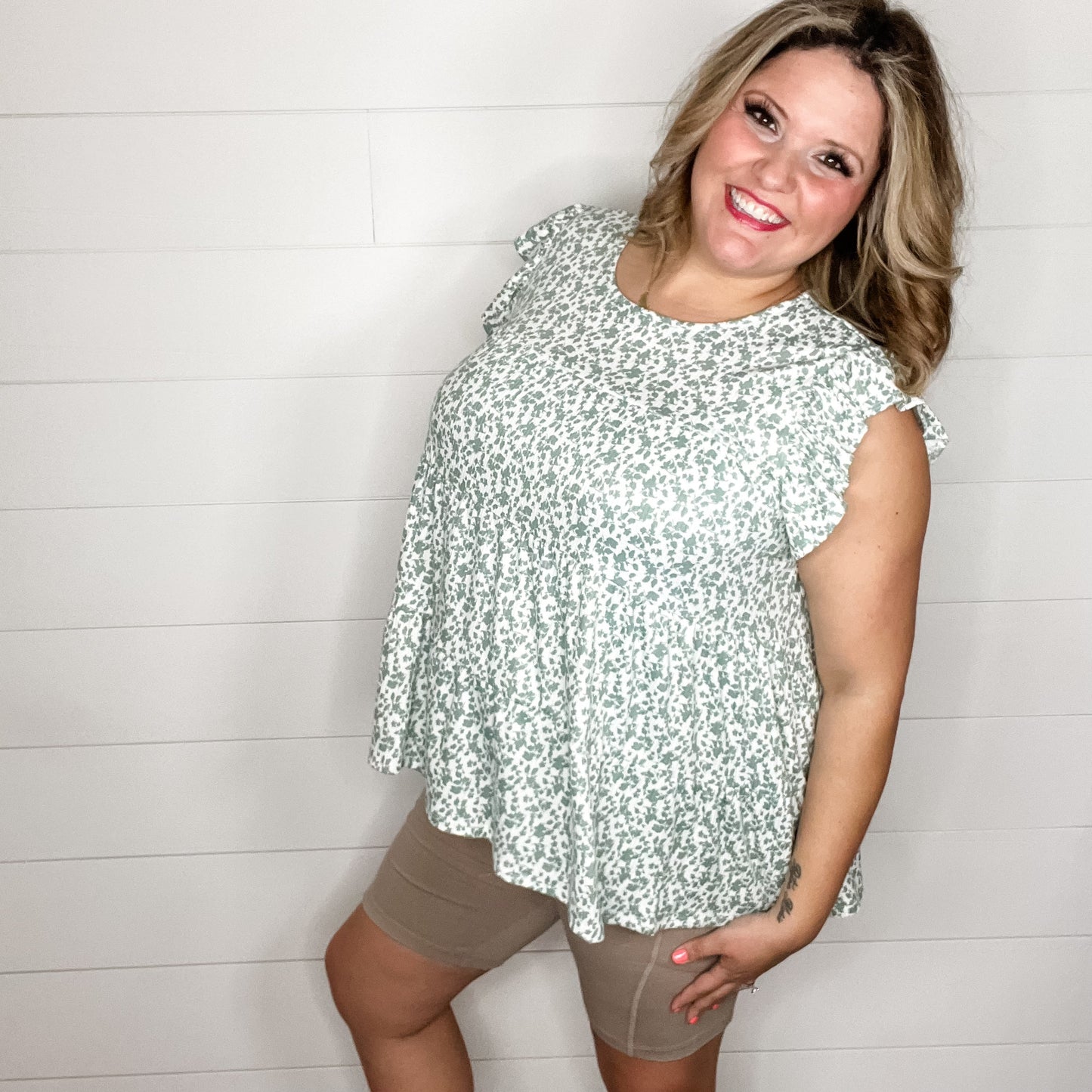 "Thyme" Floral Ruffle Cap Sleeve Tiered Top