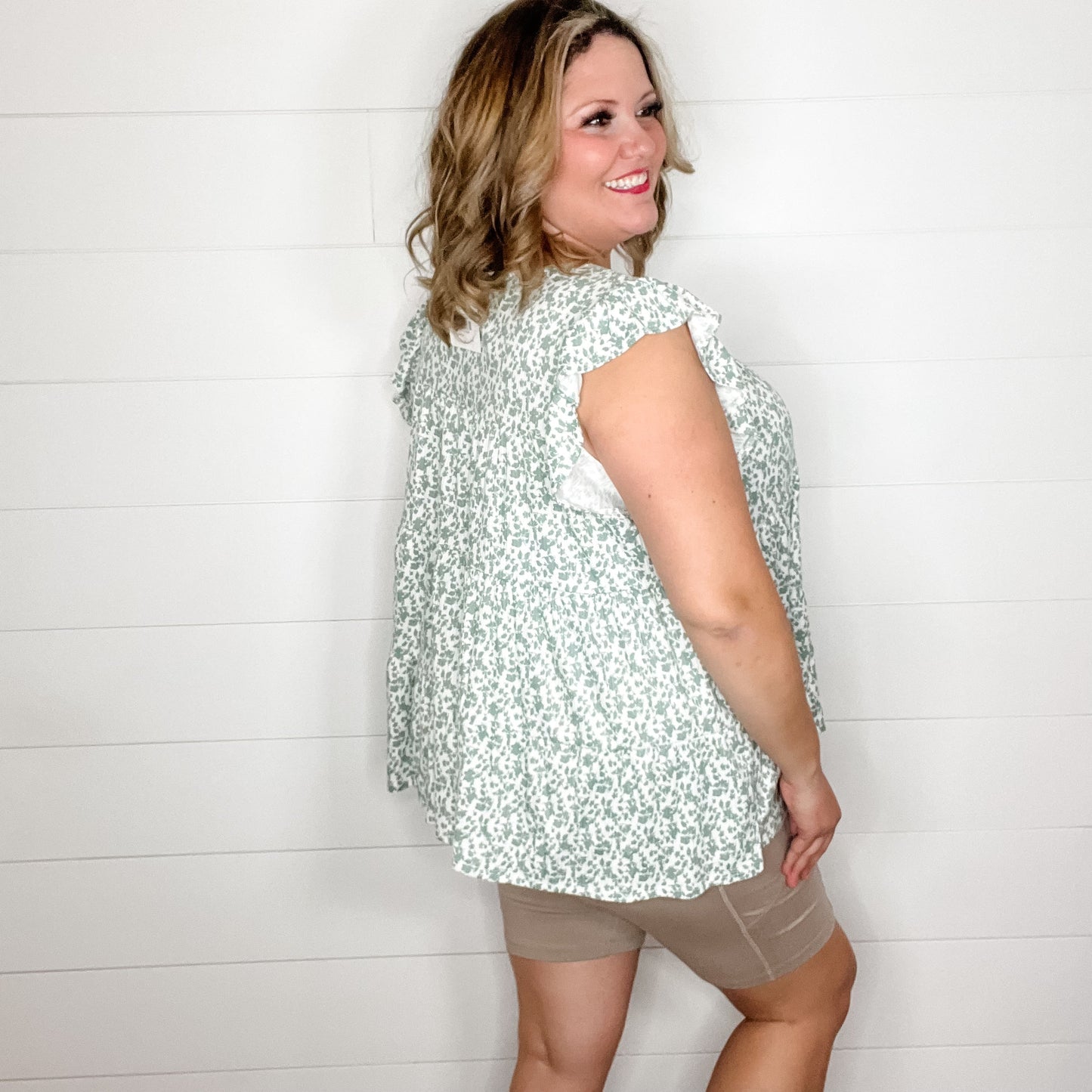 "Thyme" Floral Ruffle Cap Sleeve Tiered Top