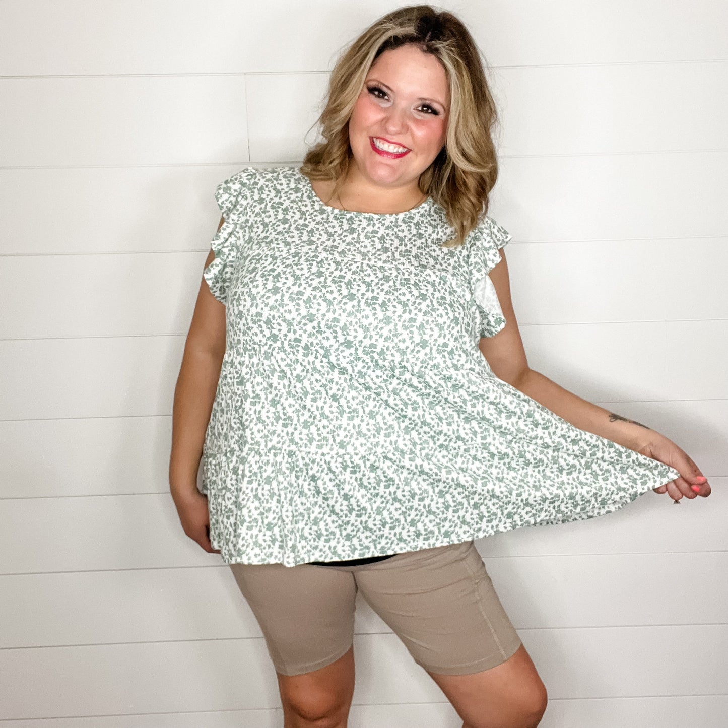 "Thyme" Floral Ruffle Cap Sleeve Tiered Top