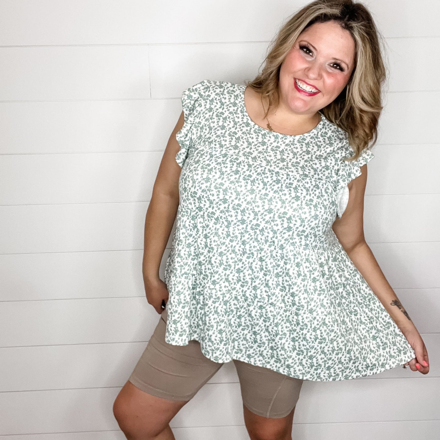 "Thyme" Floral Ruffle Cap Sleeve Tiered Top