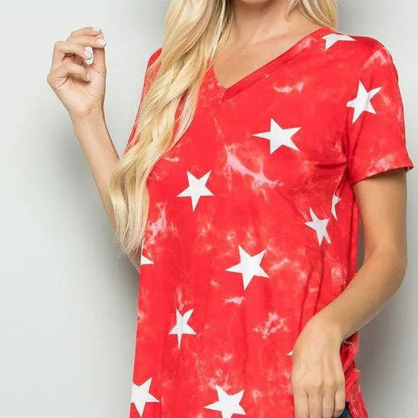Tie Dye V Neck Stars Tee-Lola Monroe Boutique