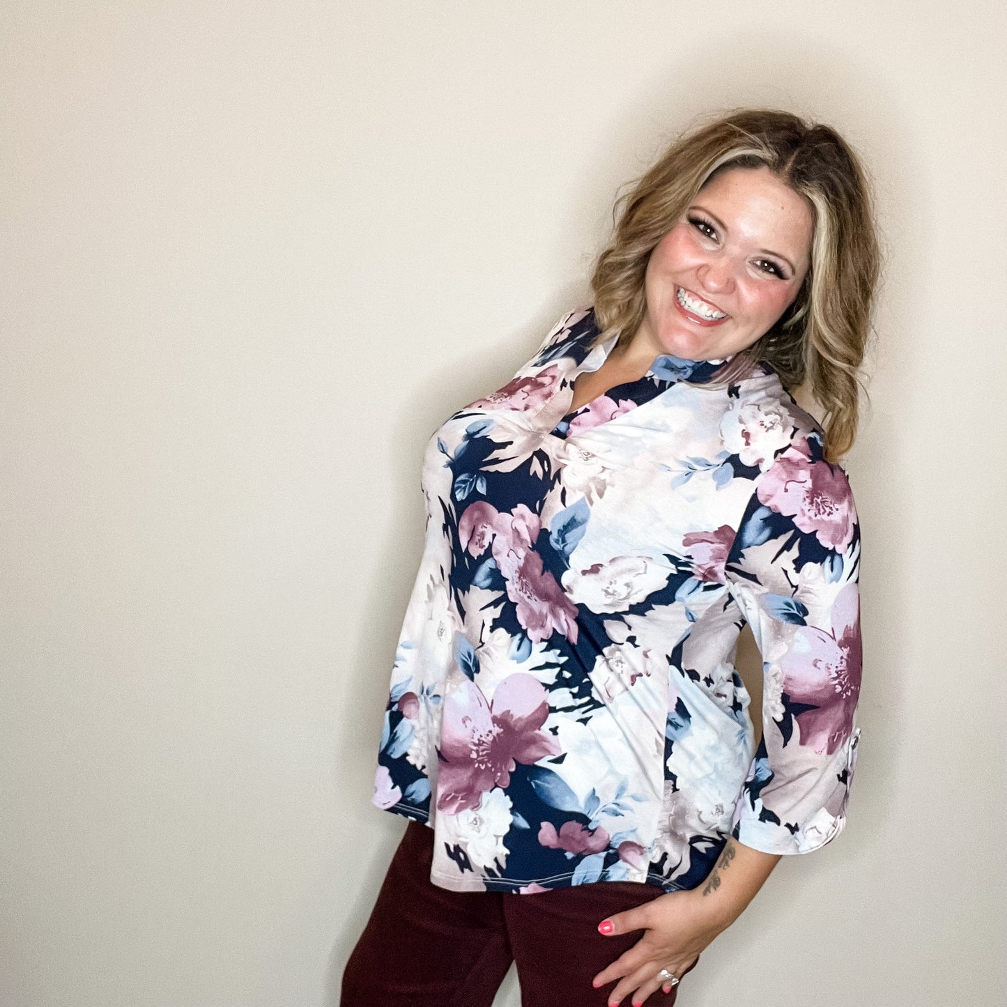 "Timeframe" Floral Lizzy 3/4 Sleeve Split Neck