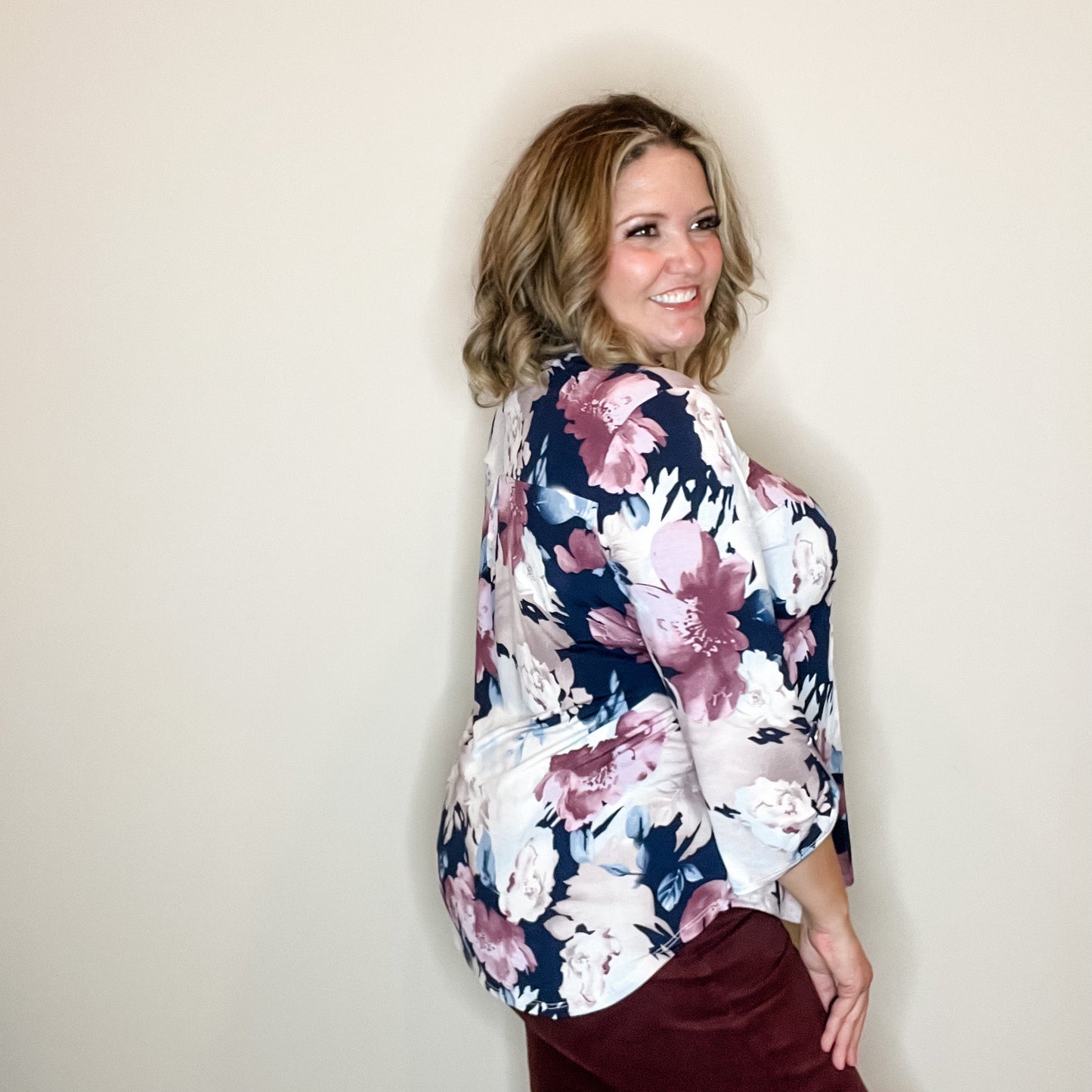 "Timeframe" Floral Lizzy 3/4 Sleeve Split Neck