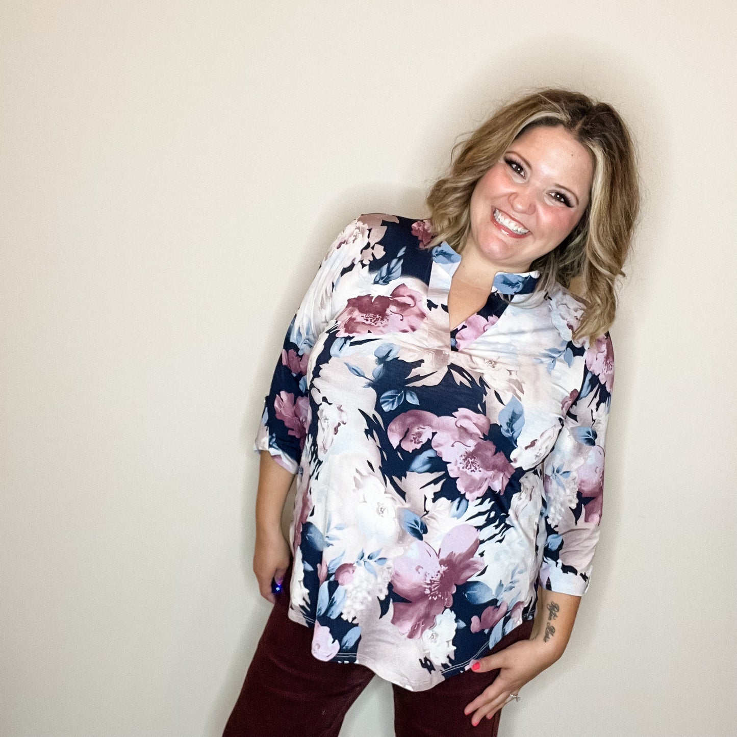 "Timeframe" Floral Lizzy 3/4 Sleeve Split Neck