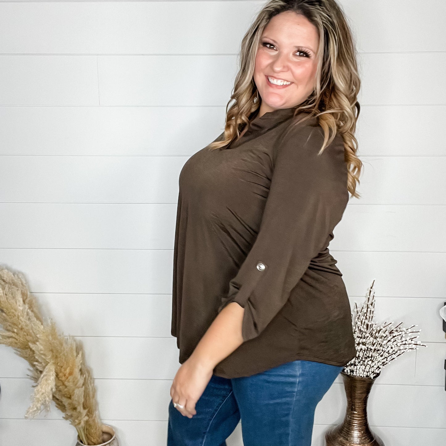 "Timeline" 3/4 Sleeve Split Neck (Chocolate