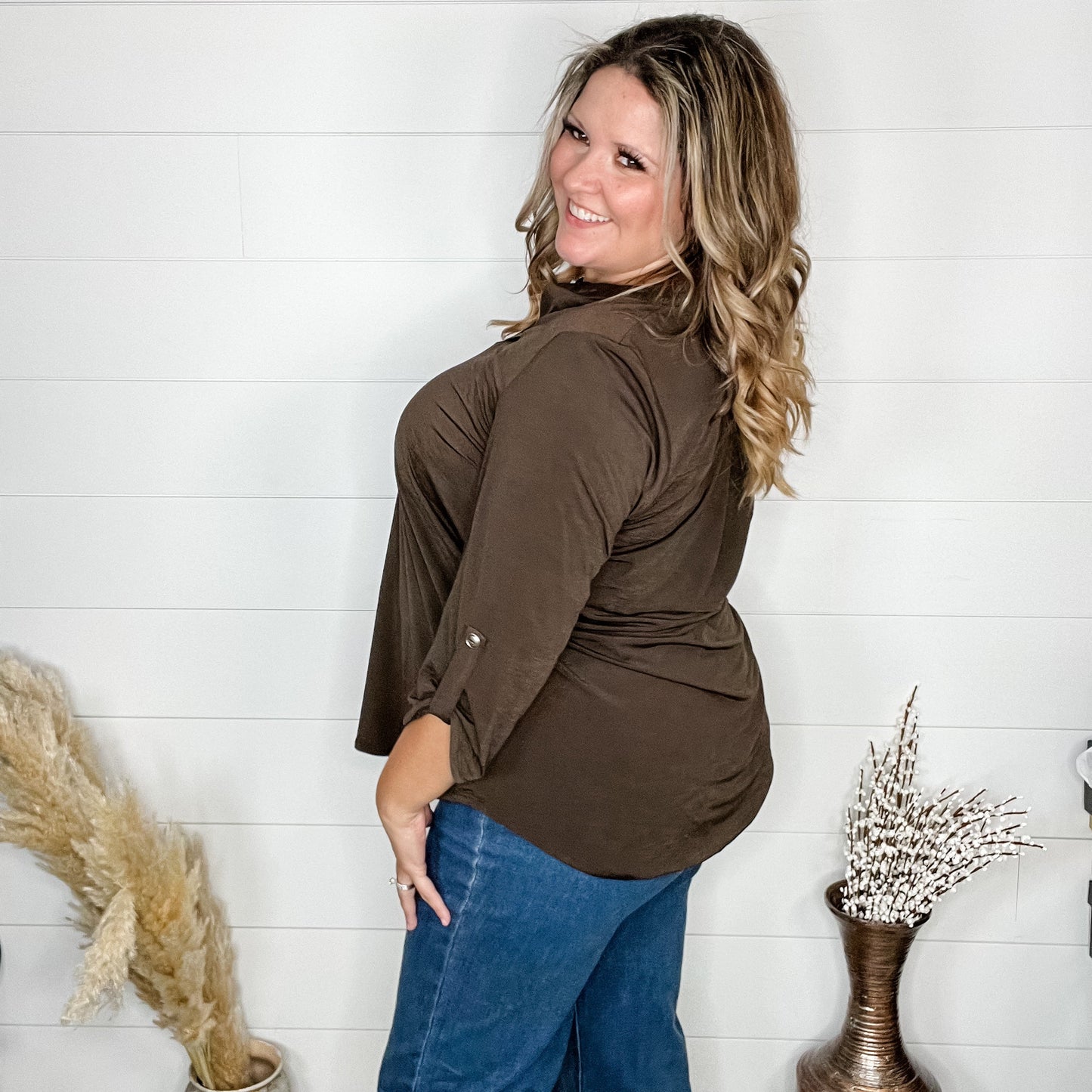 "Timeline" 3/4 Sleeve Split Neck (Chocolate