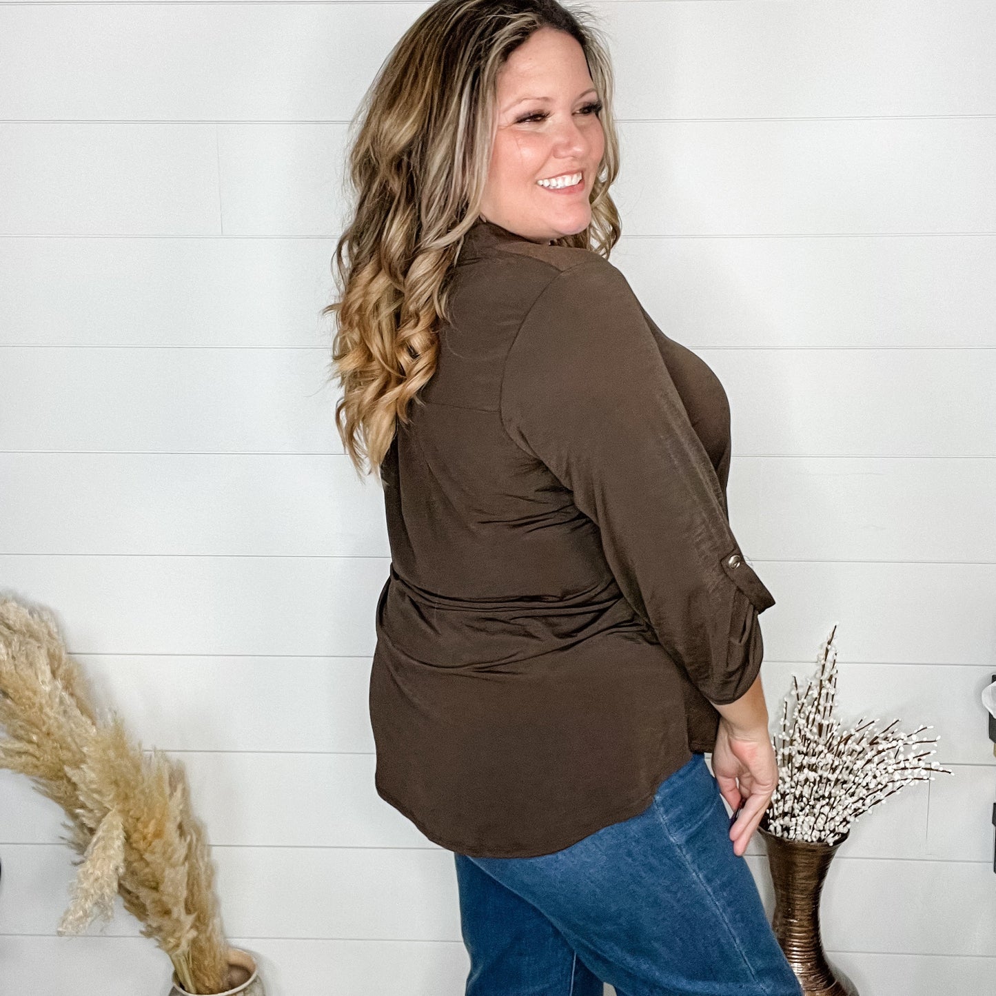 "Timeline" 3/4 Sleeve Split Neck (Chocolate