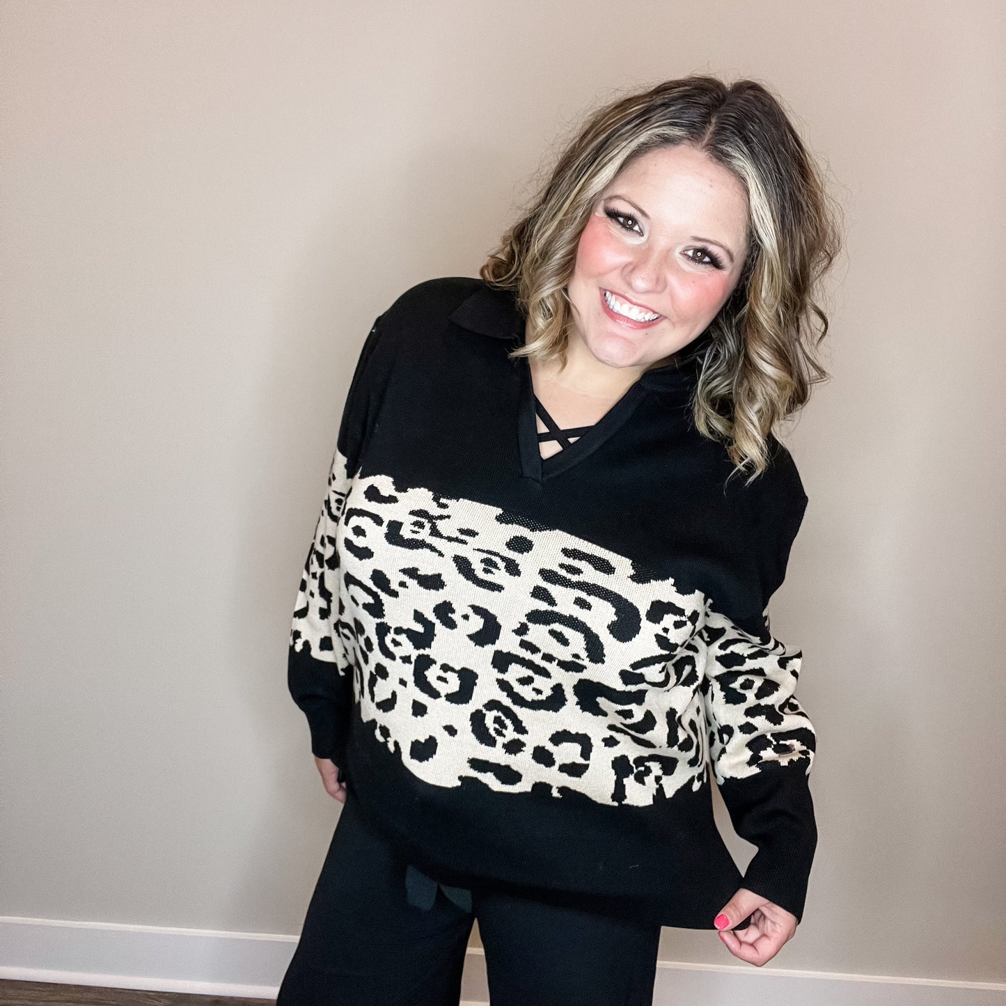 "Top Notch" Animal Print Long Sleeve Collared Sweater