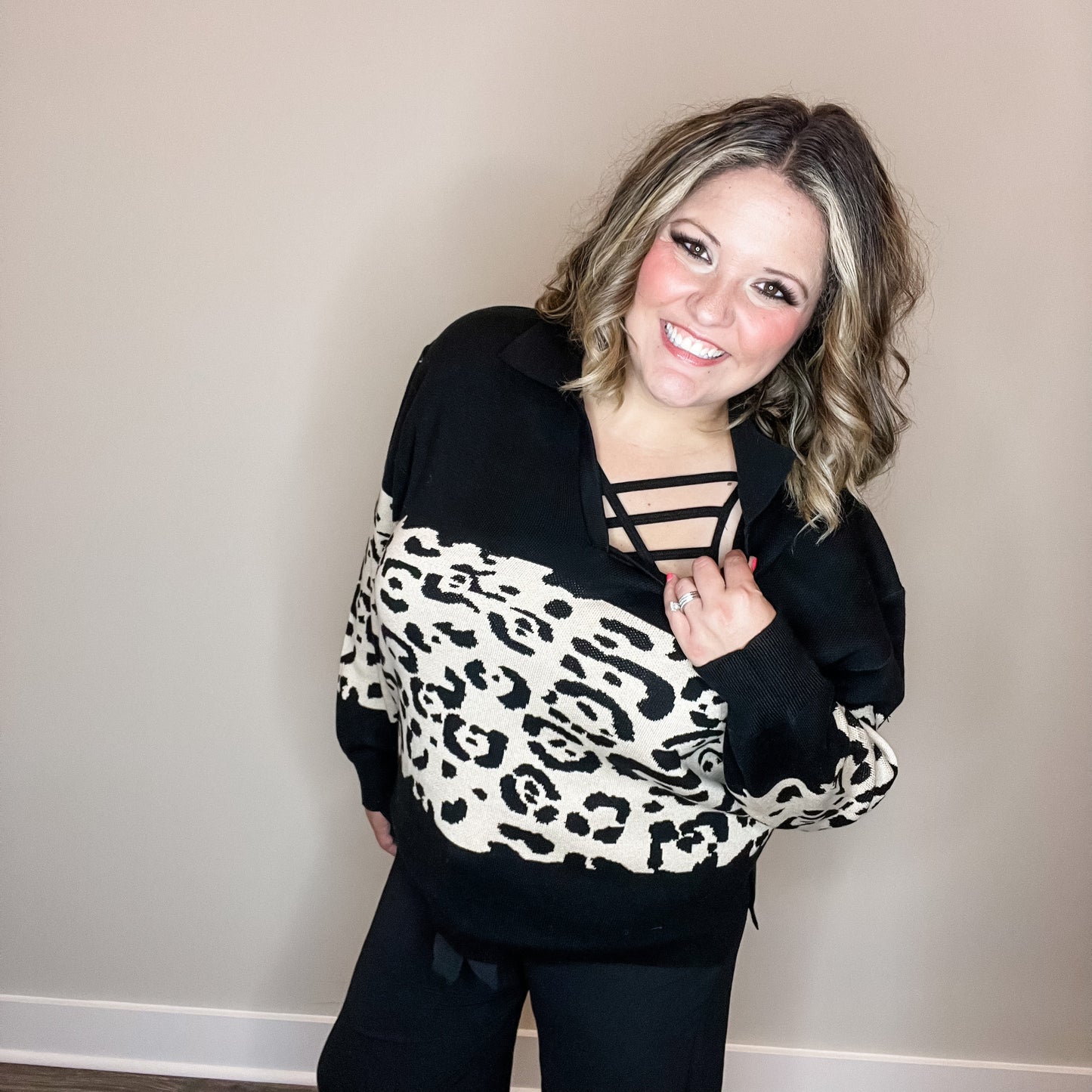 "Top Notch" Animal Print Long Sleeve Collared Sweater