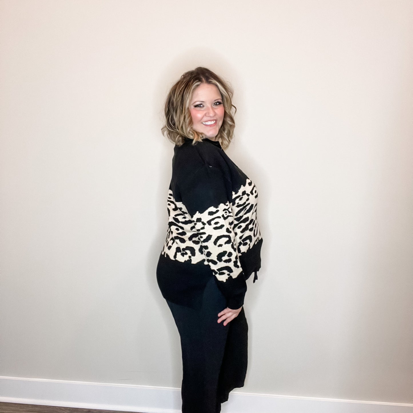 "Top Notch" Animal Print Long Sleeve Collared Sweater