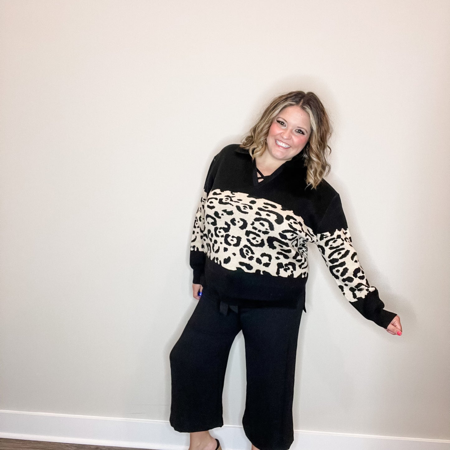 "Top Notch" Animal Print Long Sleeve Collared Sweater