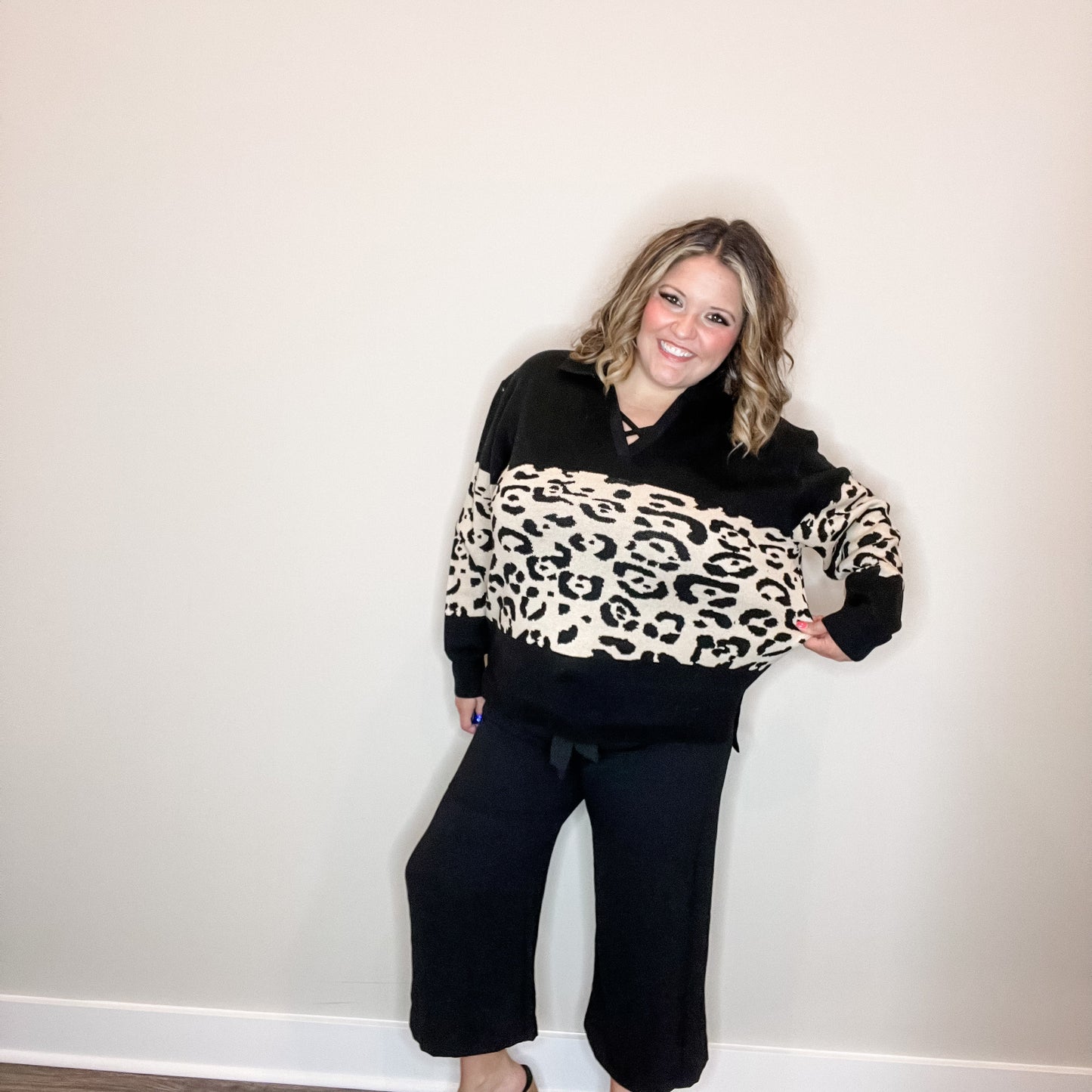 "Top Notch" Animal Print Long Sleeve Collared Sweater