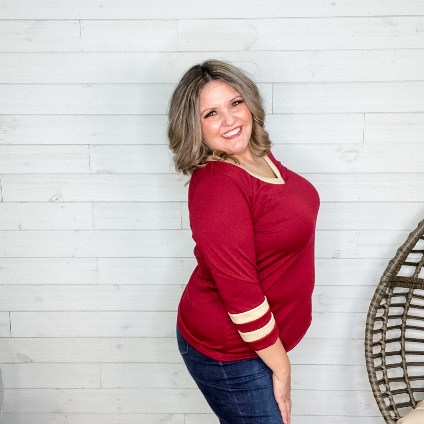 "Top of The Class" 3/4 Sleeve V Neck (Burgundy)