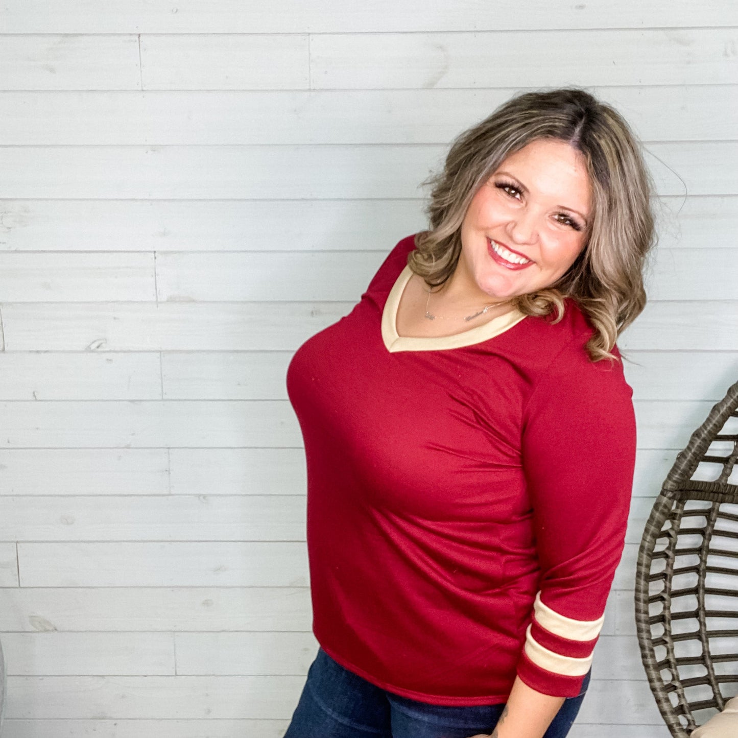 "Top of The Class" 3/4 Sleeve V Neck (Burgundy)
