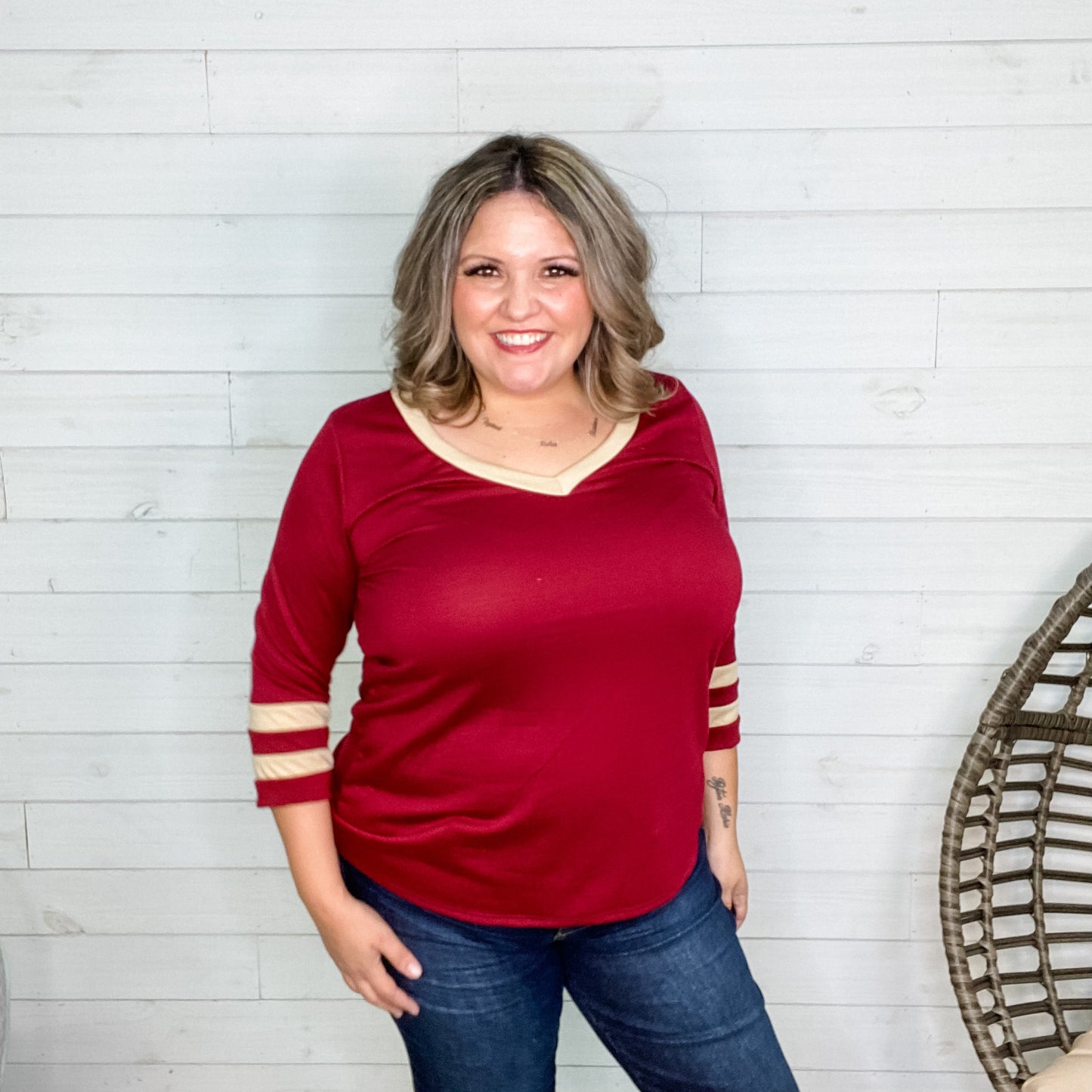 "Top of The Class" 3/4 Sleeve V Neck (Burgundy)