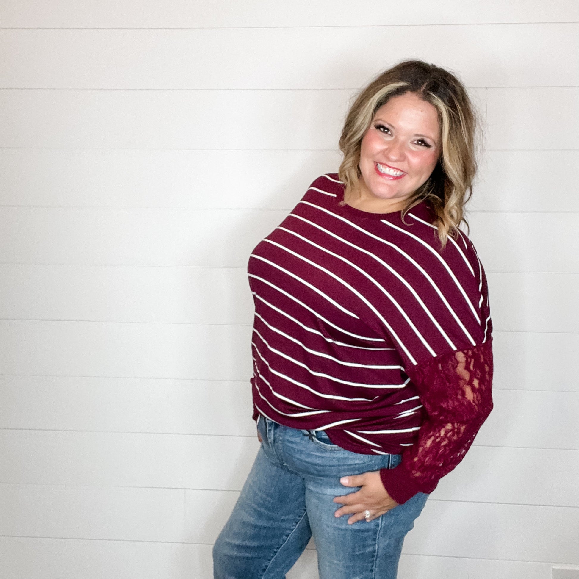 "Touch of Class" Long Sleeve with Lace Detail (Wine)