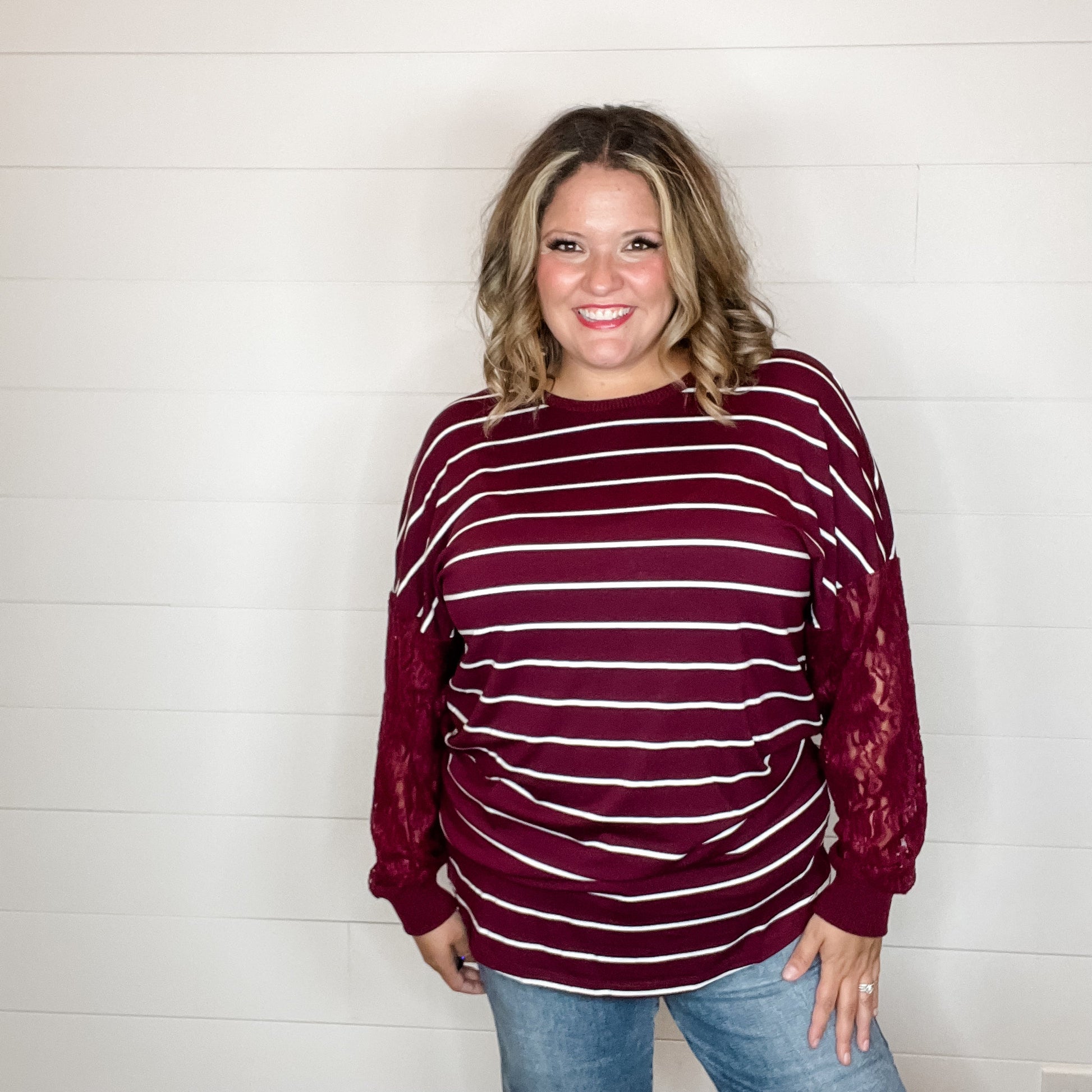 "Touch of Class" Long Sleeve with Lace Detail (Wine)